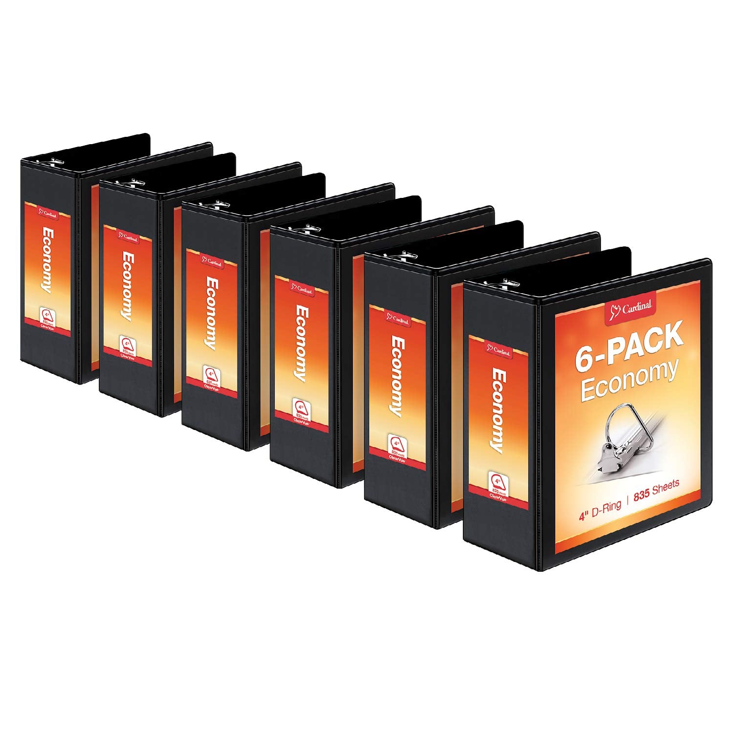 Cardinal Economy 3-Ring Binders, 4 ', Slant-D Rings, Holds 835 Sheets, Clearvue Presentation View, Non-Stick, Black, Case Of 6