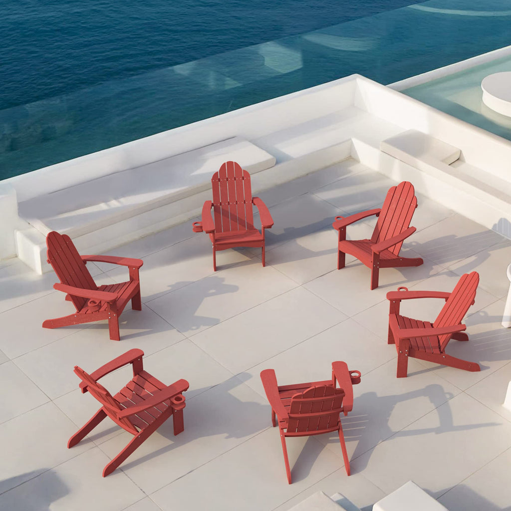 Lue Bona Hdps Adirondack Chairs Set Of 4, Fire Pit Outdoor Chair Weather Resistant With Cup Holder, Modern Plastic Chair Plastic For Patio, Deck, Proch, 350Lbs, Red