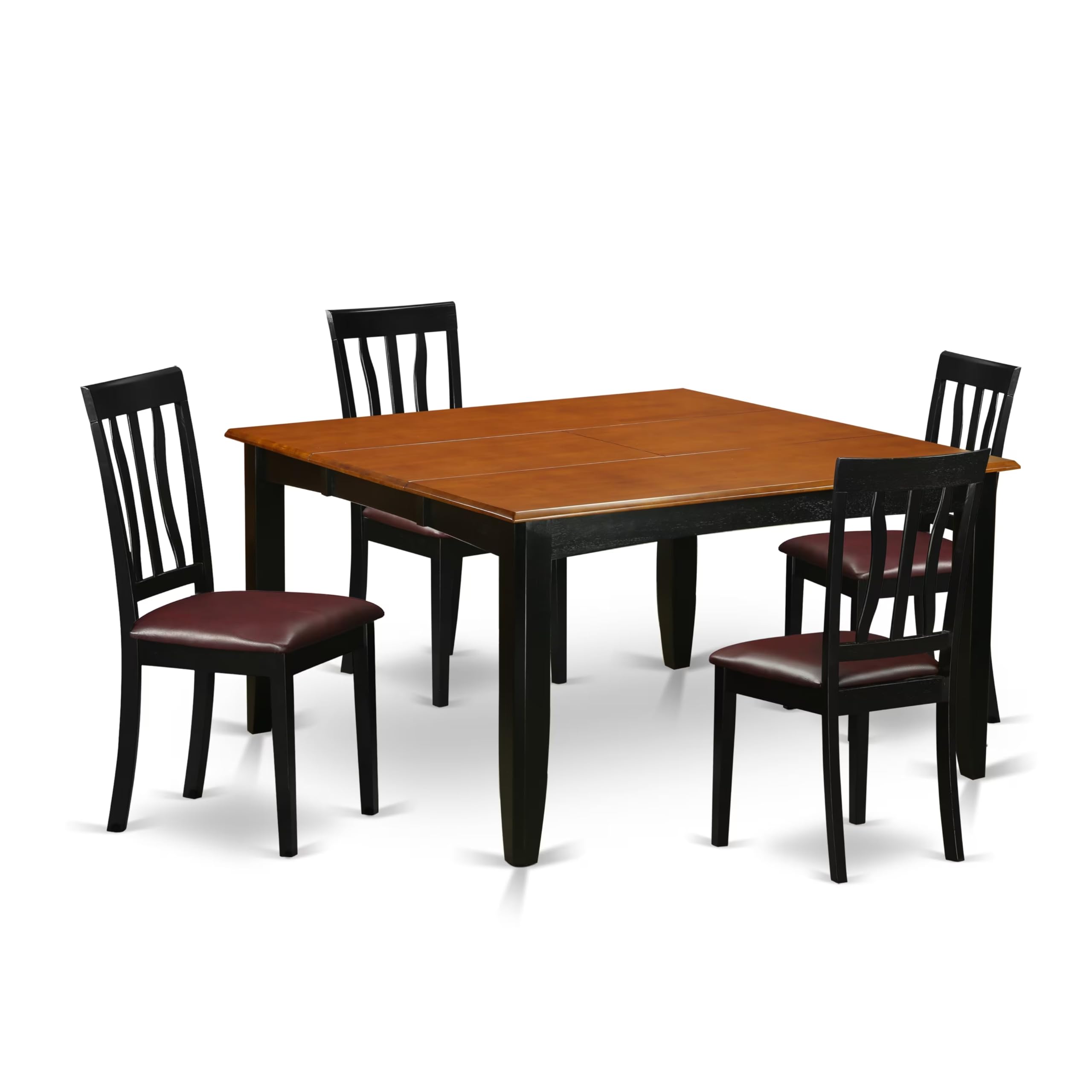 East West Furniture PFAN5-BCH-LC 5 Piece Modern Dining Table Set Includes a Square Wooden Table with Butterfly Leaf and 4 Faux Leather Upholstered Dining Chairs, 54x54 Inch, Black & Cherry