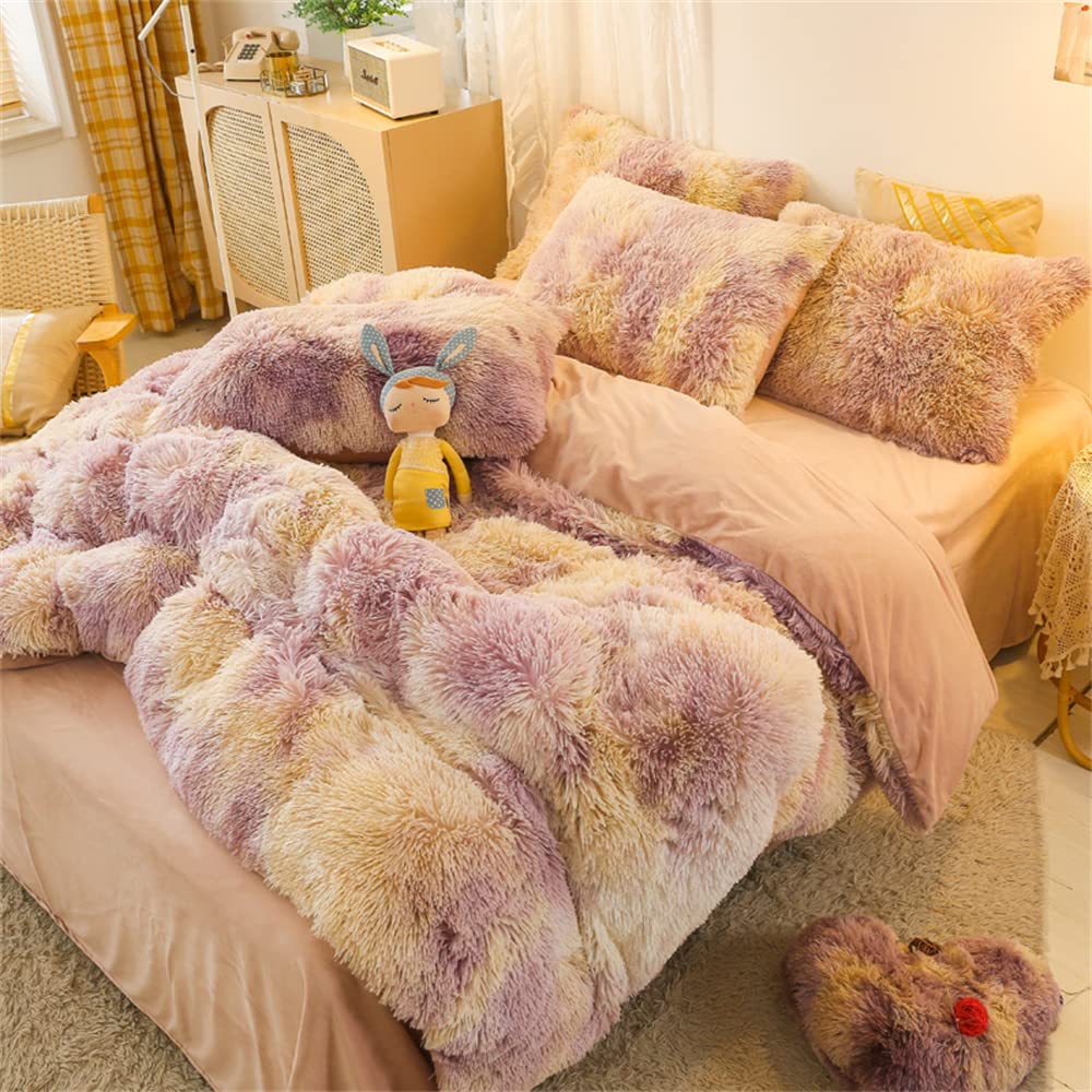 Chovy Faux Fur Plush Tie-Dyed Purple White Orange Comforter Sets Twin/Full Size - Ultra Soft Shaggy Flannel Velvet Fluffy Fuzzy