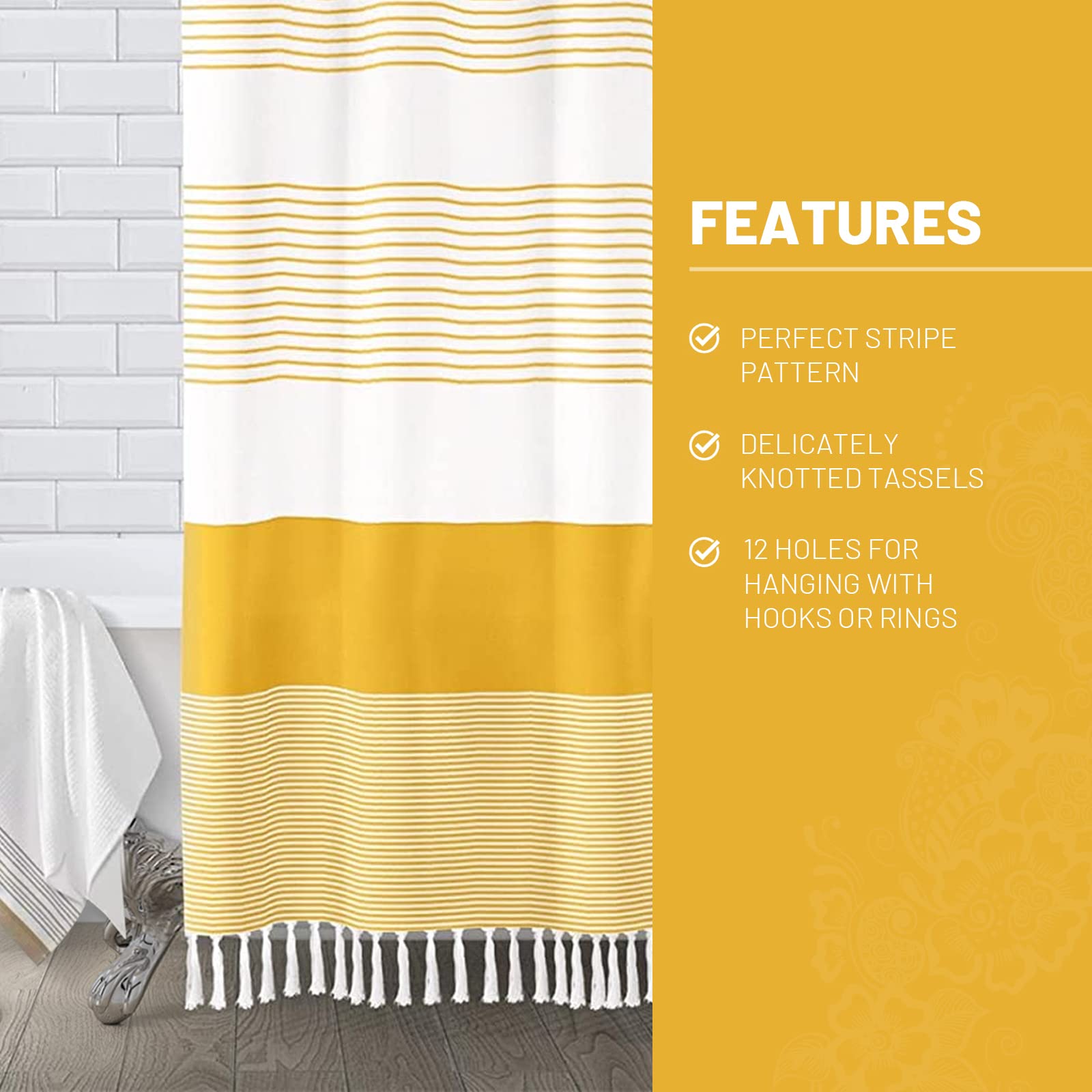 Awellife Boho Yellow Shower Curtain For Bathroom Farmhouse Natural Linen Stripe Tassel Shower Curtain (Yellow, 72' L X 60' W)