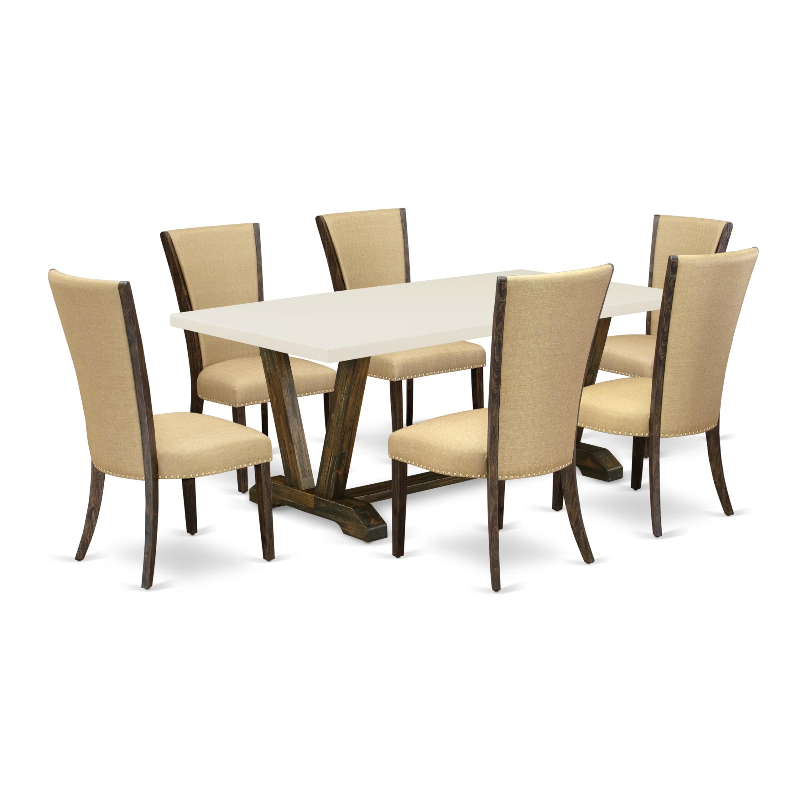 East West Furniture V727Ve703-7 7 Piece Dining Table Set Consist Of A Rectangle Dining Room Table With V-Legs And 6 Brown Linen Fabric Upholstered Chairs, 40X72 Inch, Multi-Color