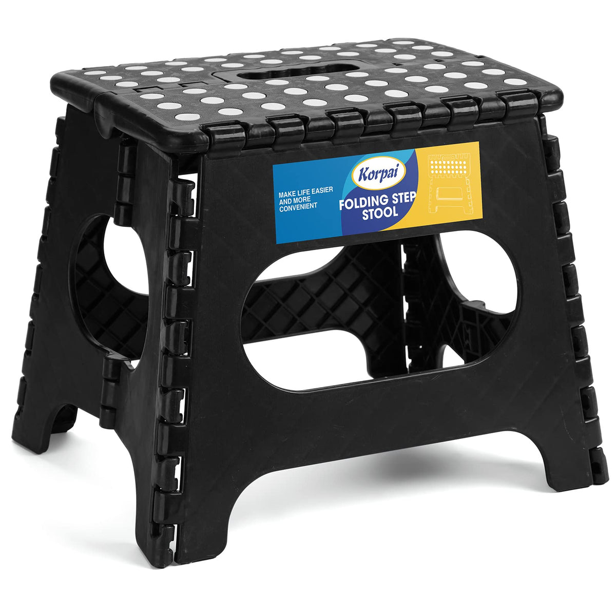 Korpai 11' Folding Step Stool For Adults And Kids Holds Up To 300 Lbs,Non-Slip Folding Stools With Portable Handle, Compact Plastic Foldable Step Stool For Bathroom,Bedroom, Kitchen Black, 1Pc