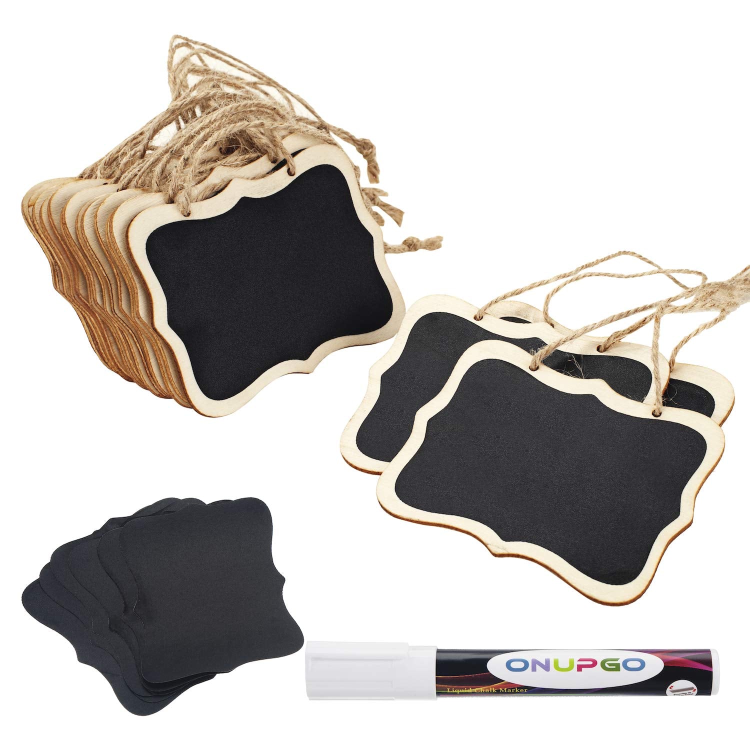 Onupgo 16 Pack Chalkboard Tags With String, 4'X3' Hanging Chalkboard Signs With Liquid Chalk Marker, Wooden Mini Blackboard Ta