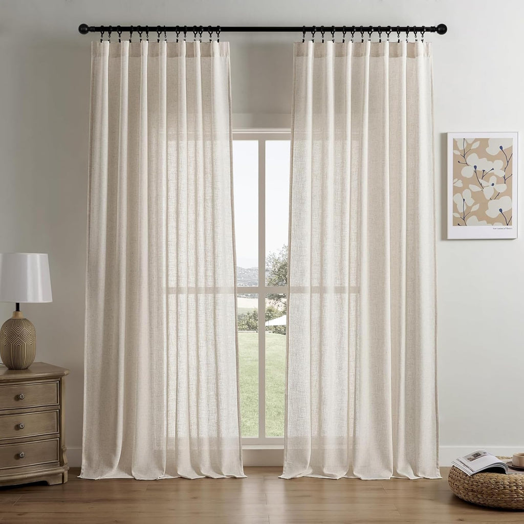 Joydeco Linen Curtains For Living Room,Semi-Sheer Curtains 96 Inches Long,Living Room Curtains 2 Panel Sets,White Curtains Pinch