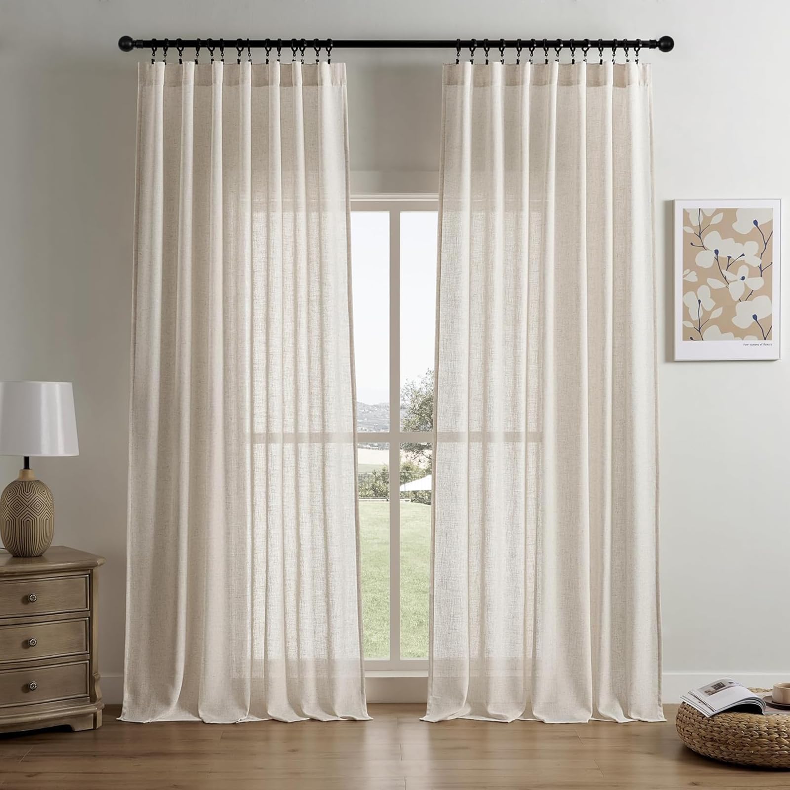 Joydeco Linen Curtains For Living Room,Semi-Sheer Curtains 96 Inches Long,Living Room Curtains 2 Panel Sets,White Curtains Pinch