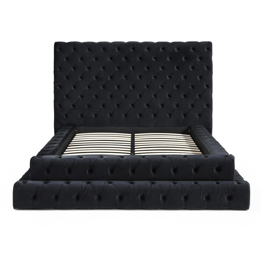 Better Home Products Eleonora Velvet Queen Bed - Luxurious Upholstered Design with Deep Button Tufting in Black (Balck, Queen)