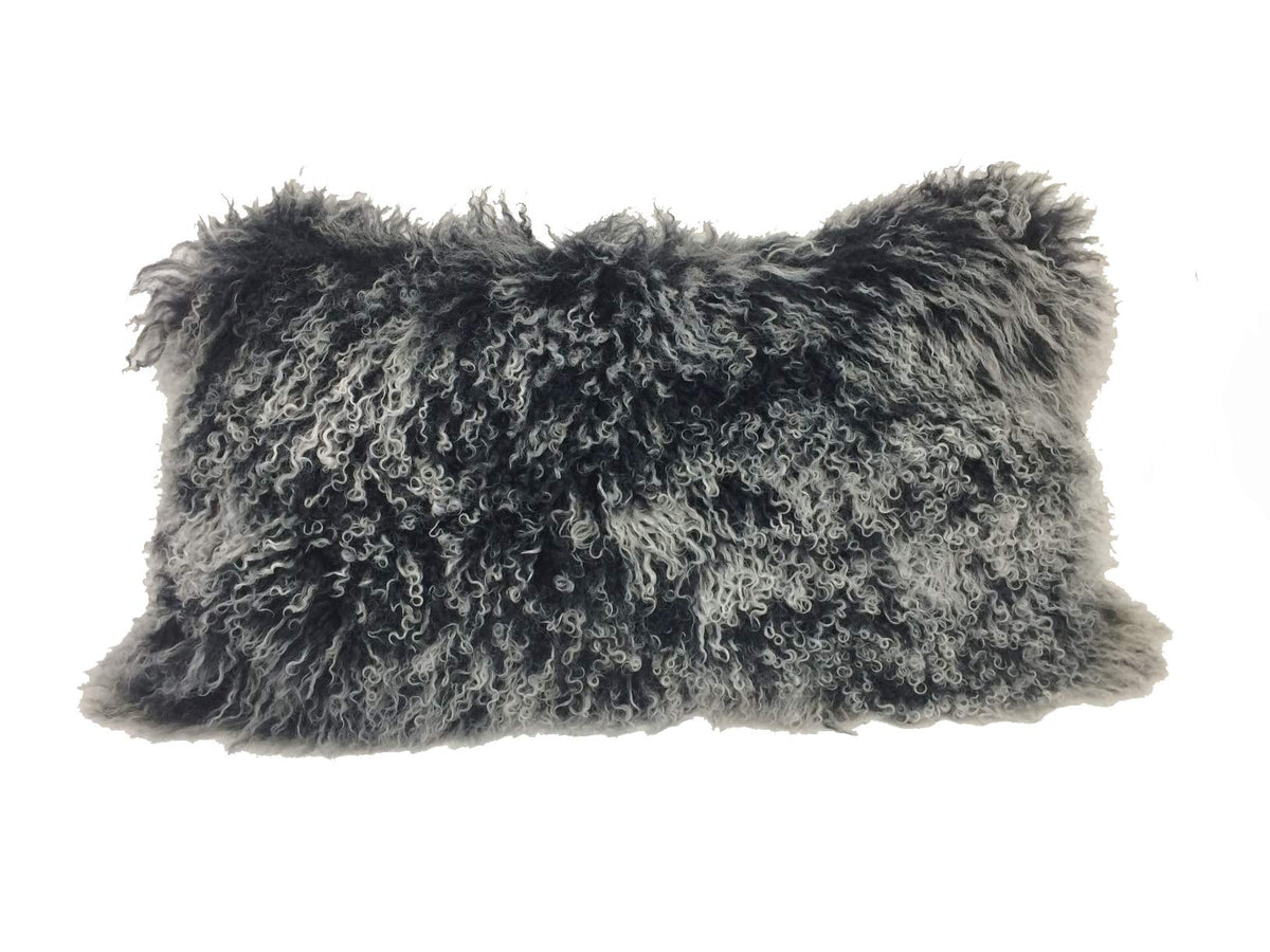 HomeRoots Black with White Tips Genuine Tibetan Lamb Front with Microsuede Backing 17' Black Genuine Tibetan Lamb Fur Pillow with Microsuede Backing