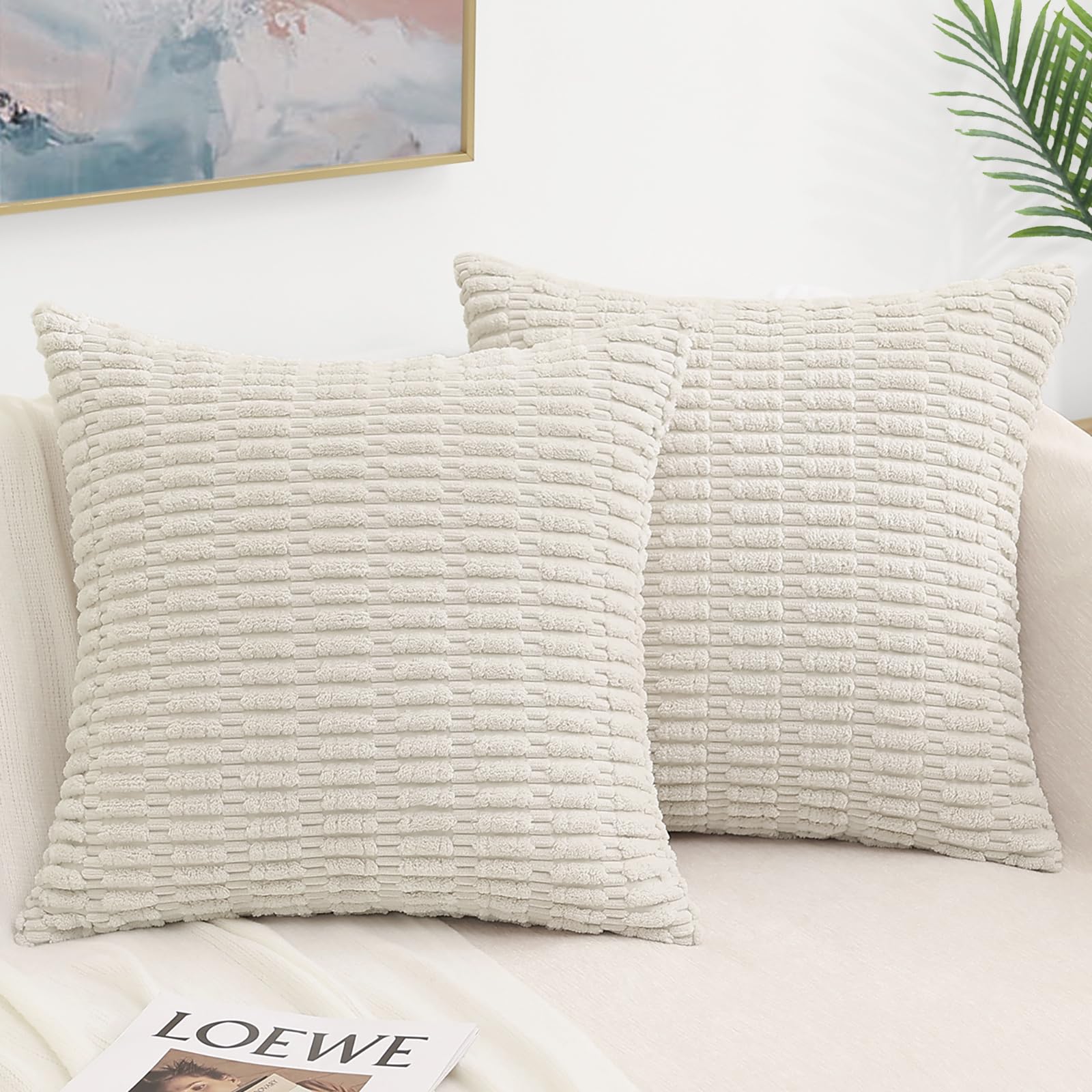 Decoruhome Christmas Cream White Decorative Throw Pillow Covers 24X24 Set Of 2, Soft Corduroy Striped Square Pillow Covers For Couch Living Room Bed Sofa