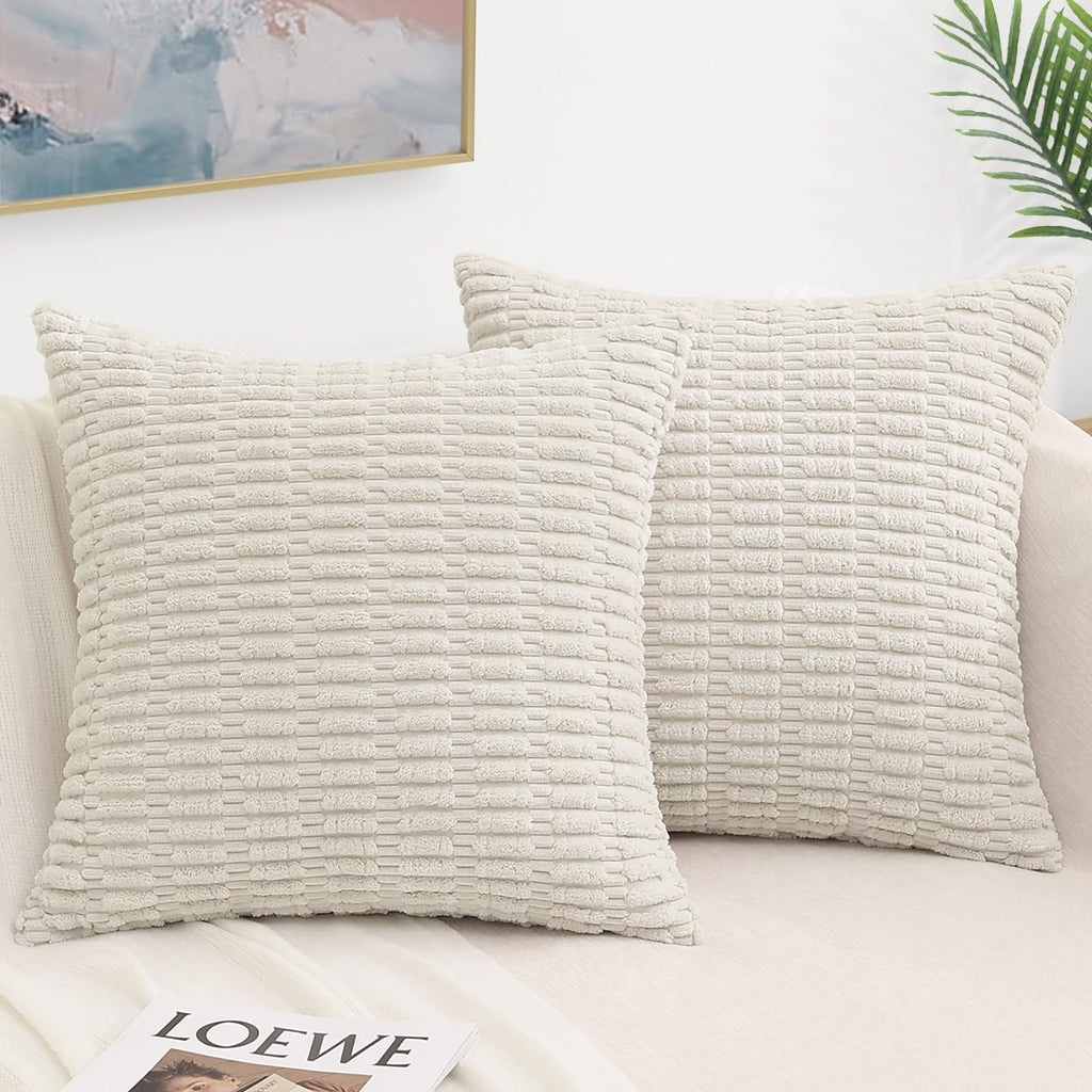 Decoruhome Christmas Cream White Decorative Throw Pillow Covers 18X18 Set Of 2, Soft Corduroy Striped Square Pillow Covers For Couch Living Room Bed Sofa
