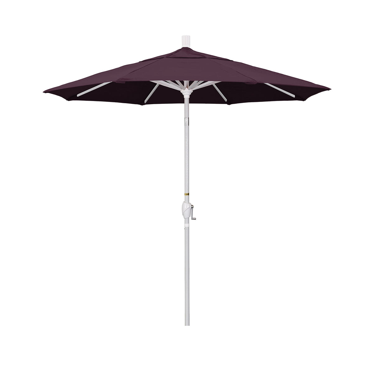 California Umbrella 7.5' Round Aluminum Market Umbrella, Crank Lift, Push Button Tilt, White Pole, Pacifica Purple