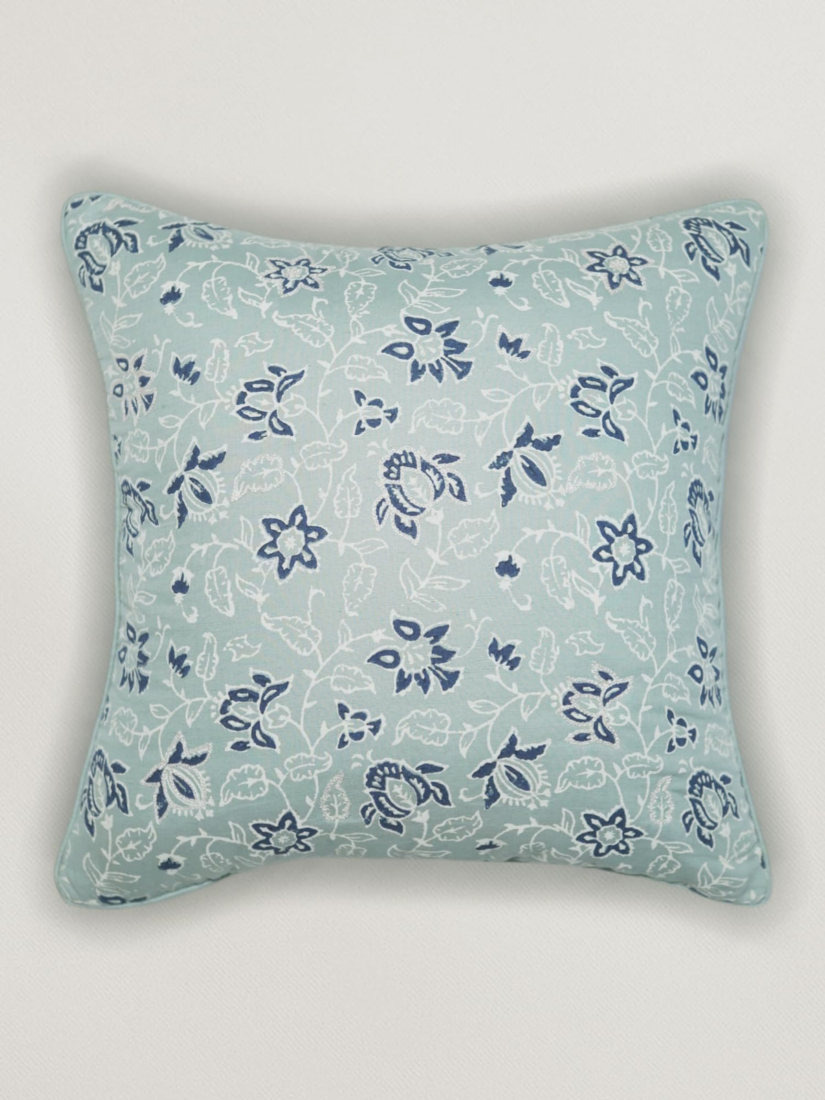 Zeba World Luxe Collection Hand Embroidered Block Printed Cotton Cushion Cover 16X16Inch Blue For Sofa, Bed, Chair
