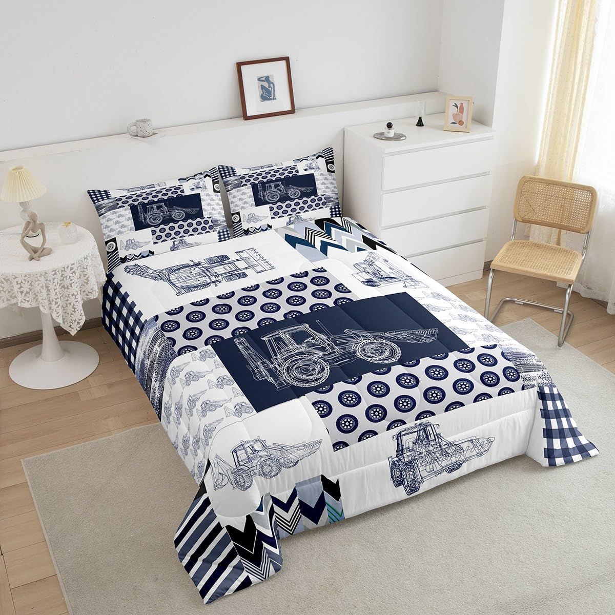 Kids Construction Comforter Set Full Size Equipment Trucks Bedding Set For Boys Cartoon Car Excavator Tractor Comforter Construc