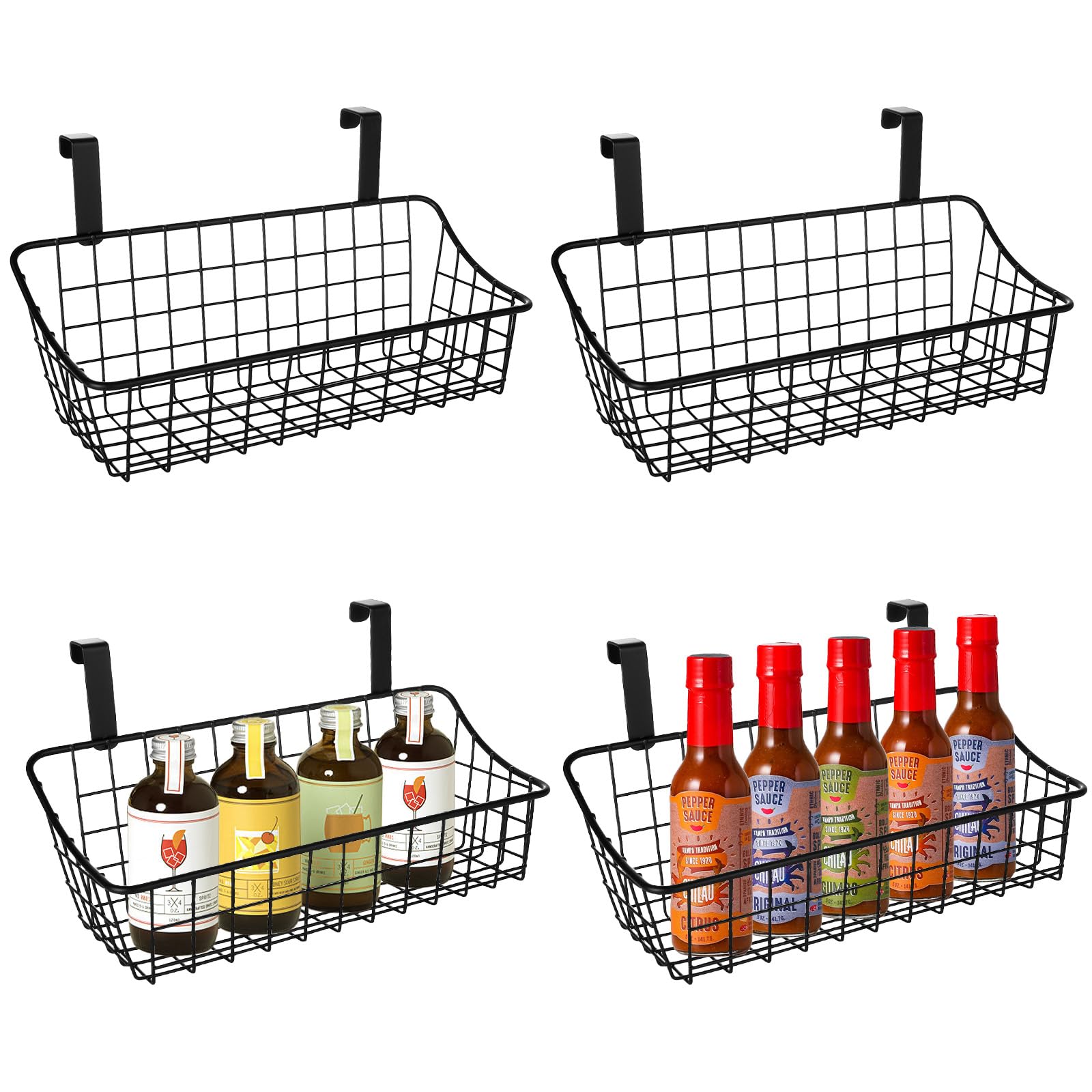 ACXFOND 4Pack Over Cabinet Door Organizer, Over Cabinet Door Basket, Grid Storage Baskets with Hooks for Kitchen Pantry Bathroom