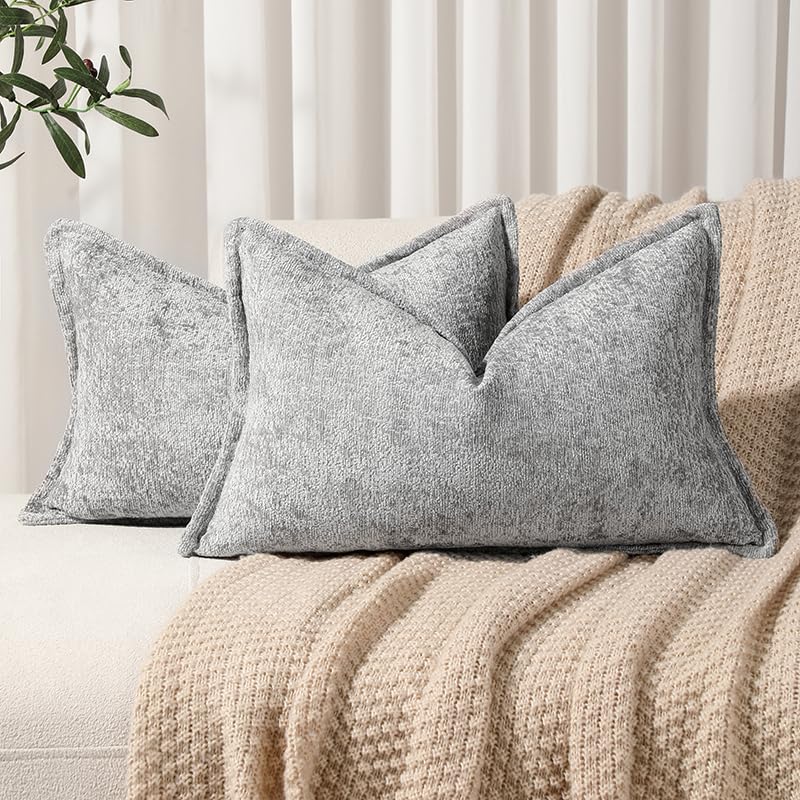 Dezene Pack Of 2 Light Gray Decorative Throw Pillow Covers 12X20 Cozy Soft Chenille Accent Vintage Rectangular Lumbar Couch Pill