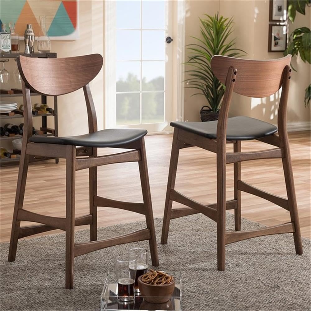 Baxton Studio 2 Piece Latina Scandinavian Style Faux Leather Upholstered Walnut Counter Stool Set, 24&quot;, Black