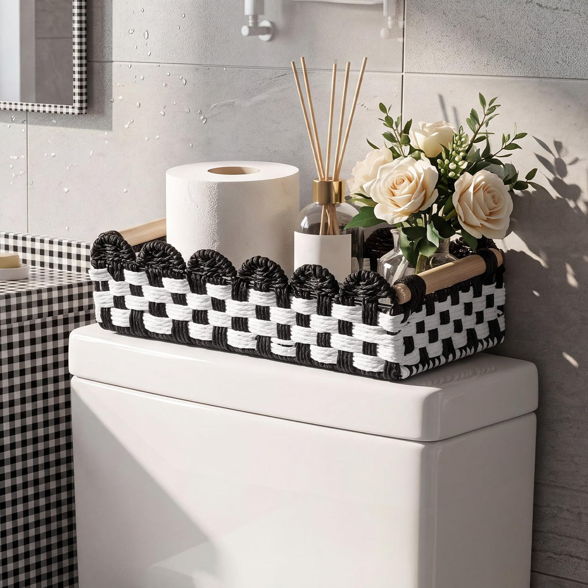 Singhoow Black and White Checkered Bathroom Decor Basket Woven Paper Storage Basket with Handles Drawer Dresser Baskets Scallope