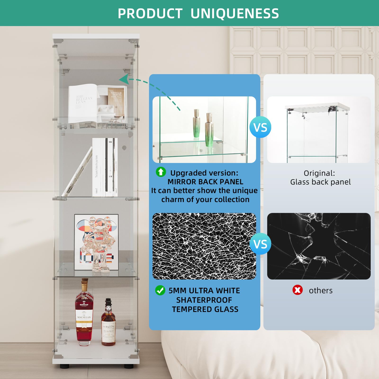 Beauty4U Glass Display Cabinet With Mirror Back Panel, 4 Shelves, Curio Cabinets For Living Room, Bedroom, Office, White Floor Standing Glass Bookshelf, Quick Installation