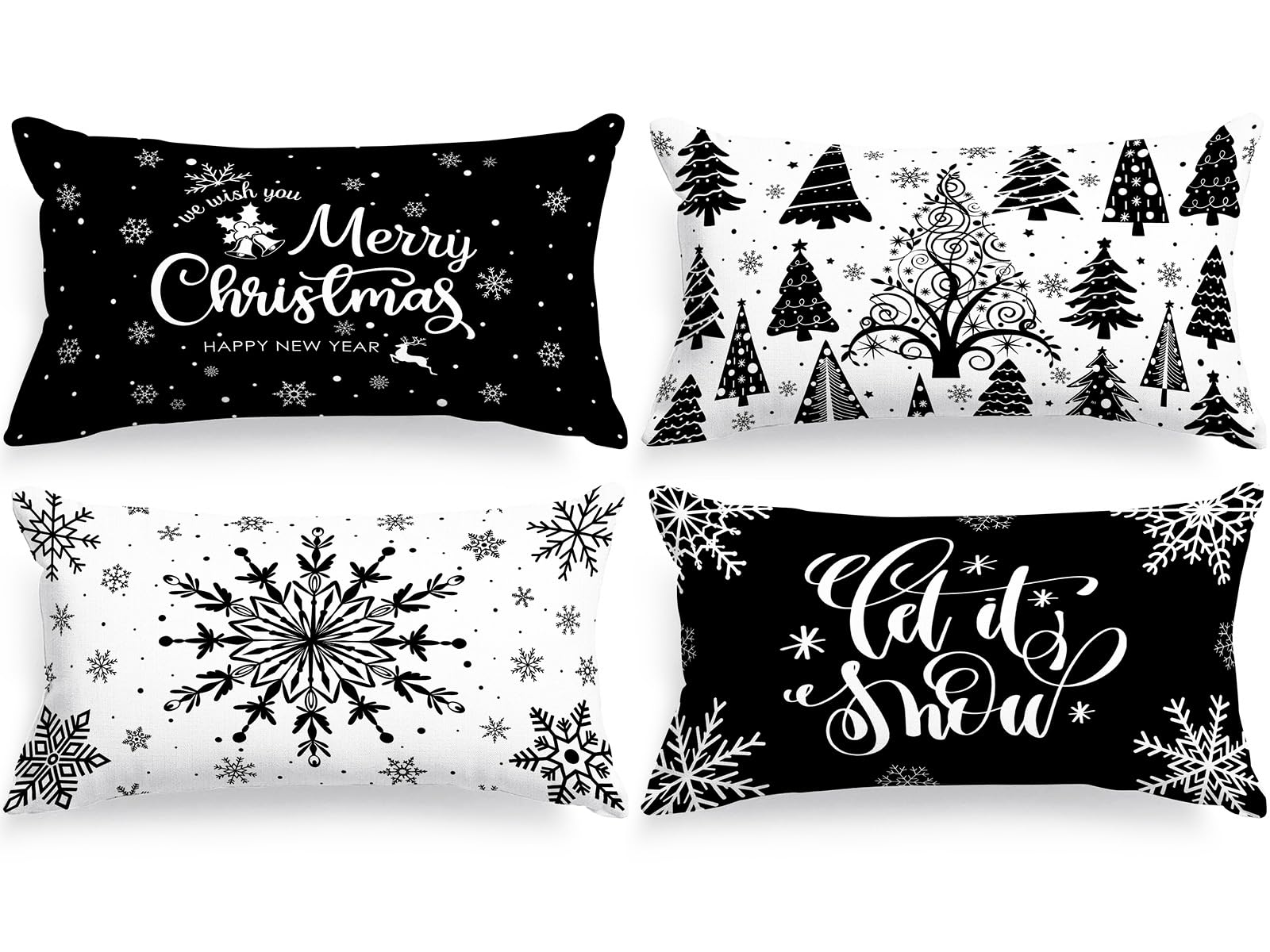 Lanpn Christmas Lumbar Throw Pillow Covers 12X20 4 Pcs, Black White Merry Christmas Xmas Winter Snowflake Decorative Holiday Cus
