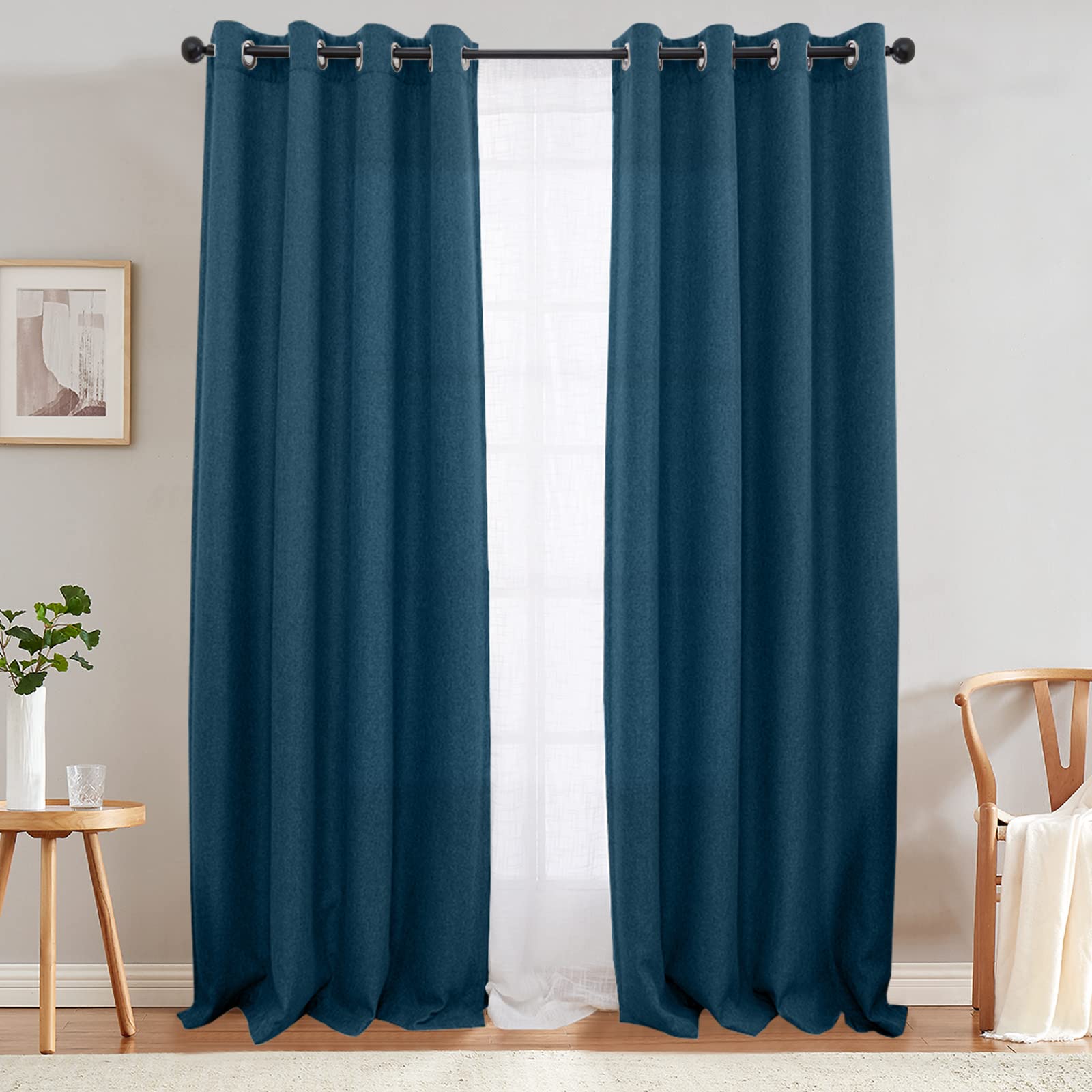 Jinchan Linen Textured Curtains For Living Room Darkening 84 Inch Long Bedroom Curtains Thermal Insulated Curtains Blue Curtains Grommet Top Window Curtains 1 Panel