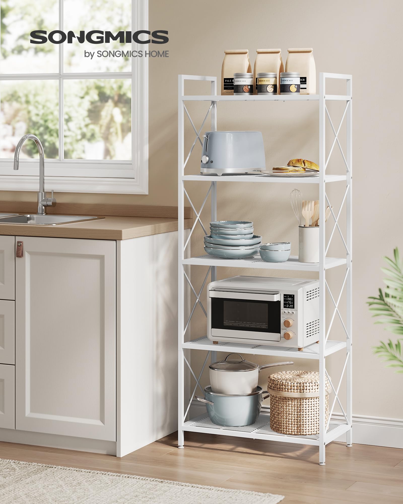 Songmics 5-Tier Metal Storage Rack, Shelving Unit With X Side Frames, Dense Mesh, 12.6 X 23.6 X 57.3 Inches, For Entryway, Kitchen, Living Room, Bathroom, Industrial Style, Cloud White Ubsc165W01