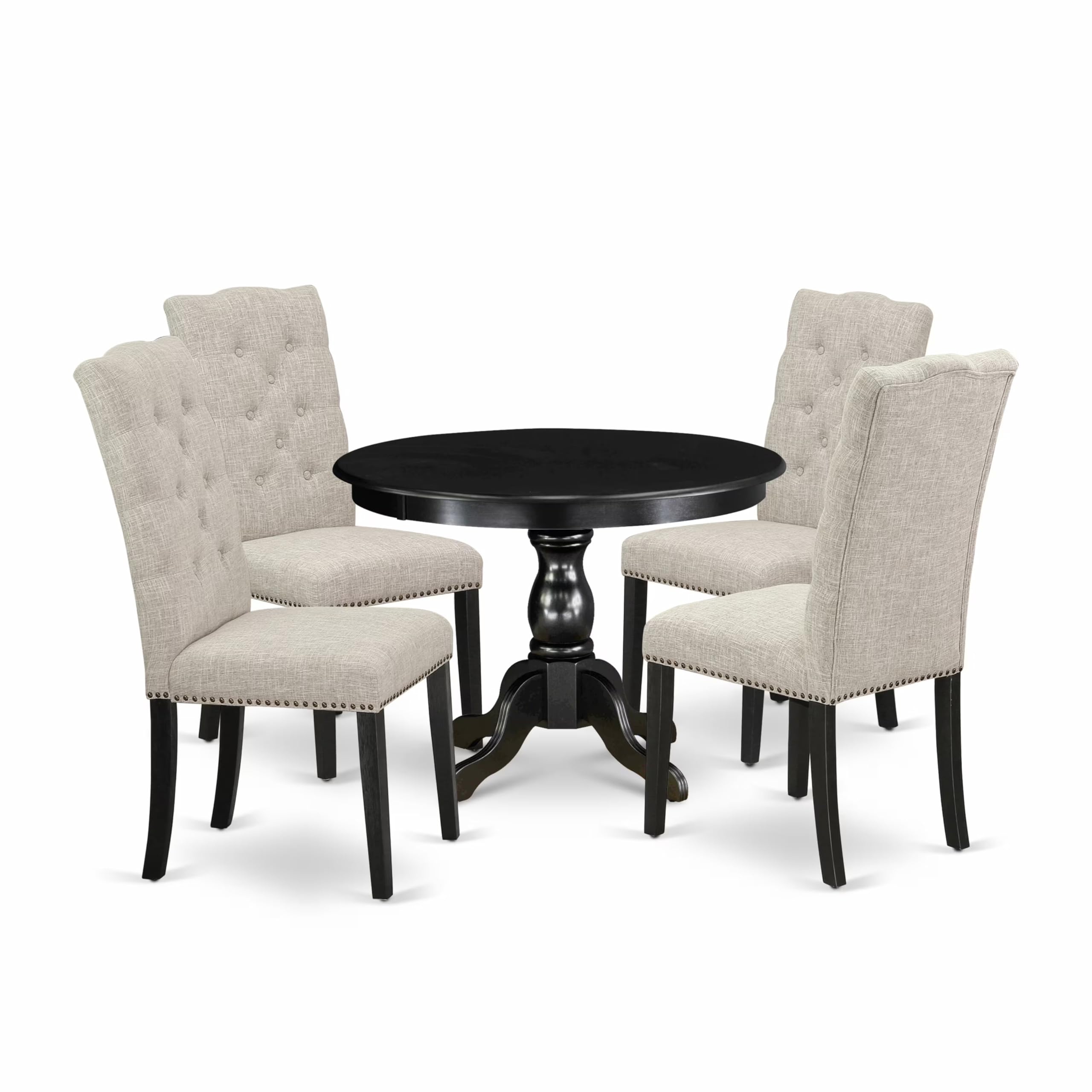 East West Furniture HBEL5-ABK-35 5 Piece Kitchen Table & Chairs Set Includes a Round Dining Room Table with Pedestal and 4 Doeskin Linen Fabric Upholstered Chairs, 42x42 Inch, Wirebrushed Black