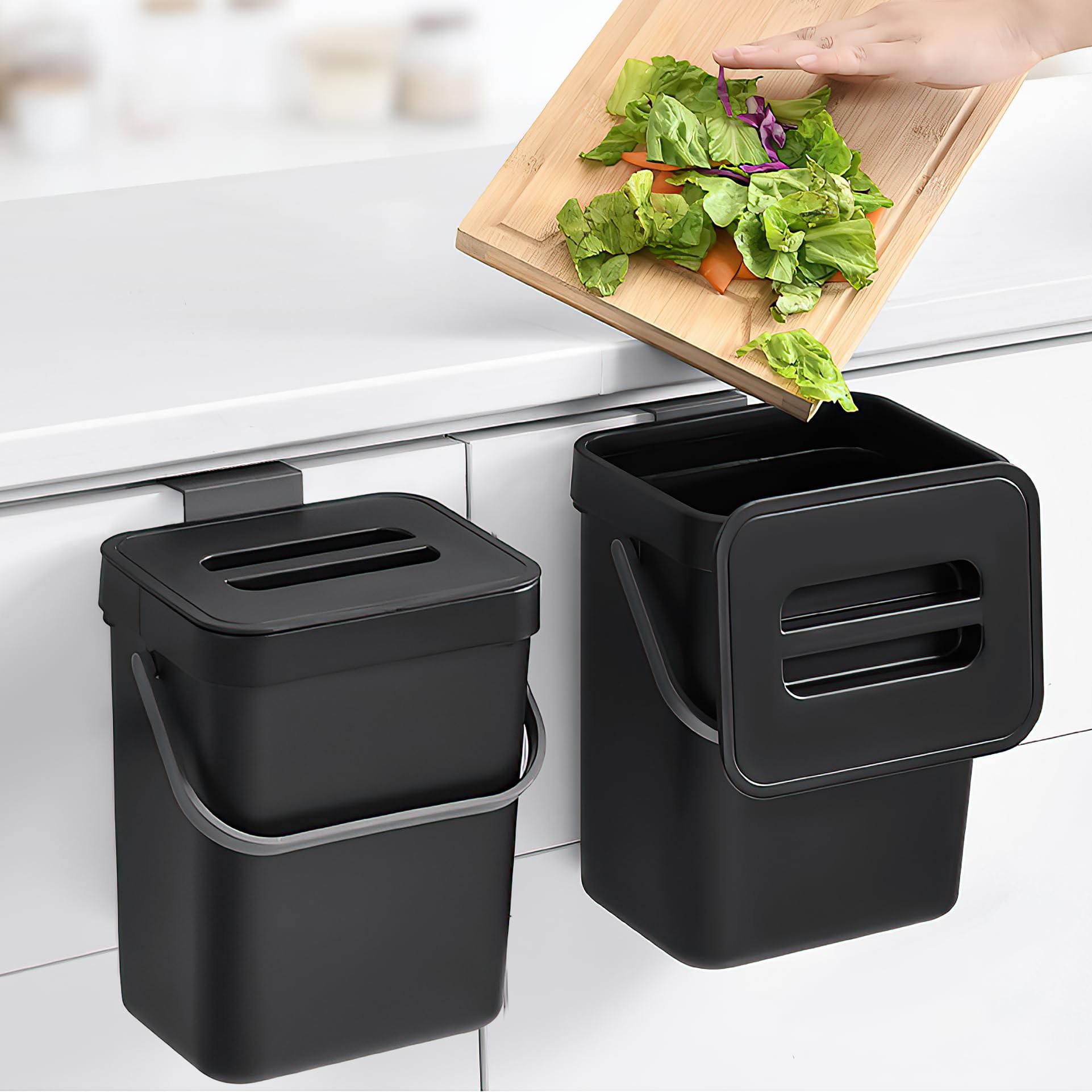 MONGTINGLU Countertop Compost Bin - 1.3 Gallons Hanging Small Trash Can with Lid for Kitchen Bathroom, Under Sink Kitchen Trash 