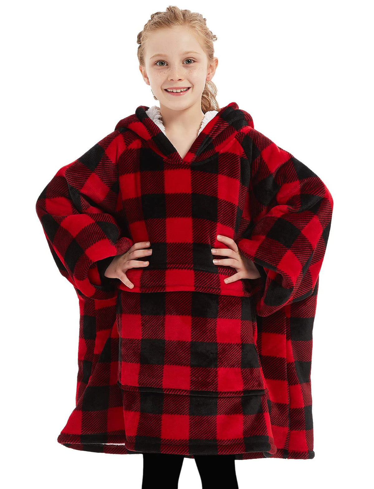Kfubuo Wearable Blanket Hoodie For Kids Sherpa Patterns Oversized Sweatshirt Blanket With Pocket 6-10 Year Old Girl Boy Red Plai