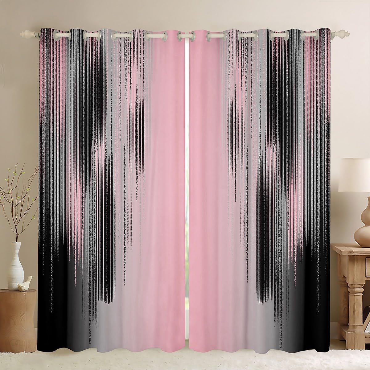 jejeloiu Pink and Black Curtains for Bedroom Living Room (2 Panels, 38 x 45 Inch) Modern Art 30%50% Blackout Curtains for Kids