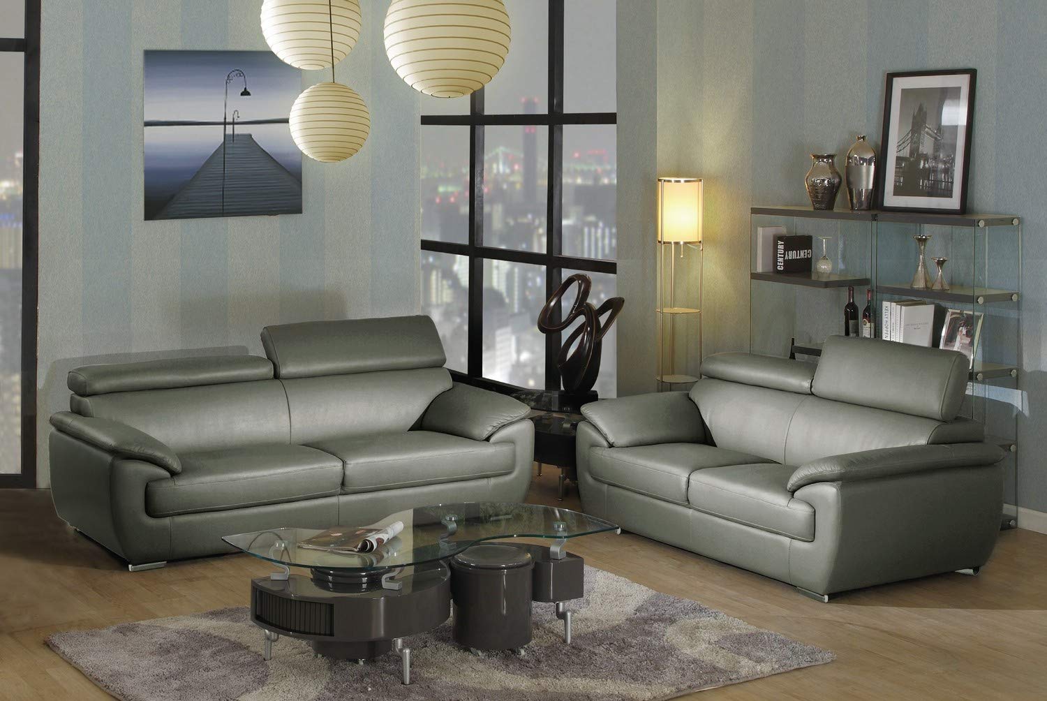 69 X 38  X 32To 39 Modern Gray Leather Sofa And Loveseat