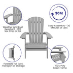 Flash Furniture Charlestown Commercial Folding Adirondack Chair - Gray - Poly Resin - Indoor/Outdoor - Weather Resistant