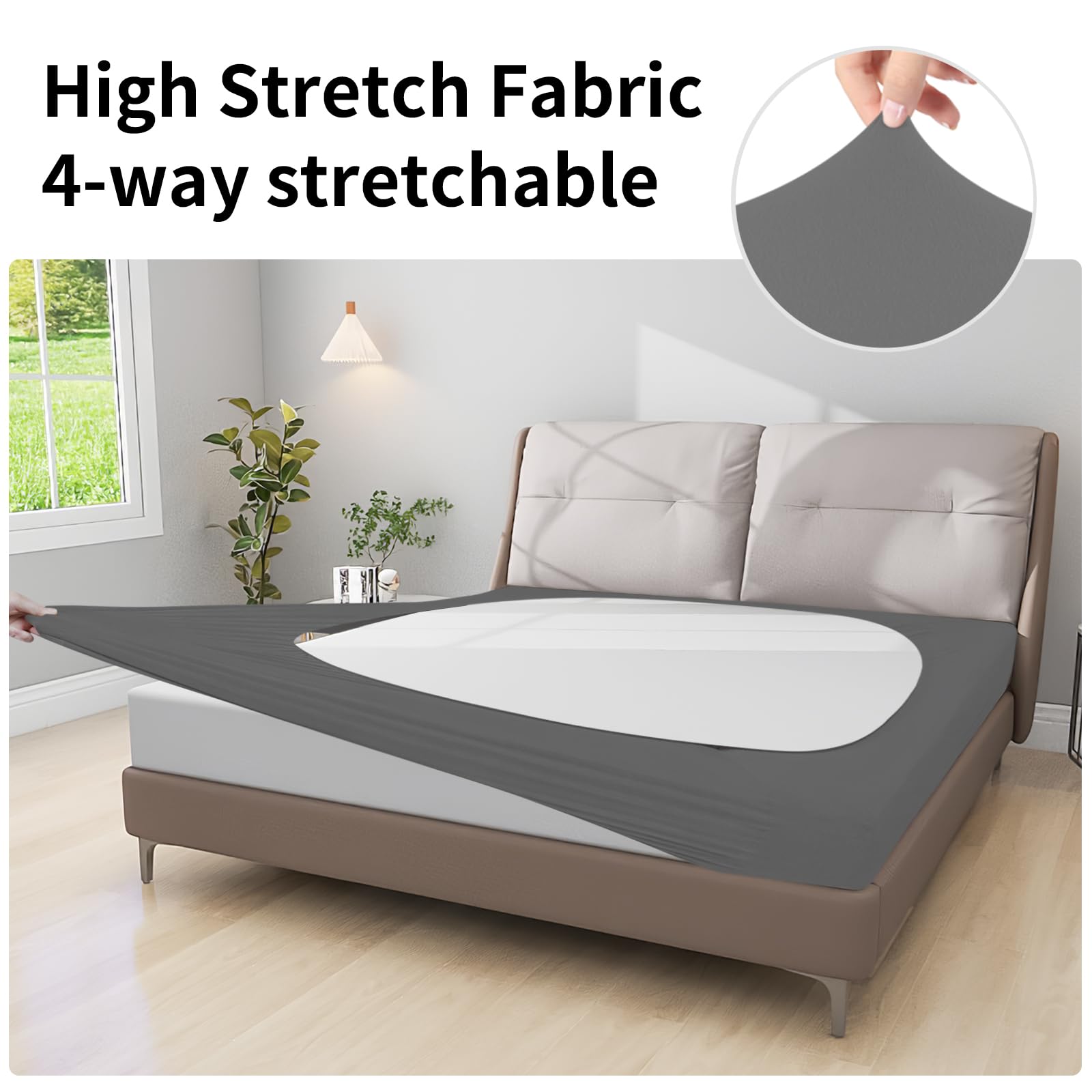 Easy-Going Box Spring Cover Queen Size, 4 Way Stretch Smooth And Elastic Wrap Around Band 4 Sides Bed Skirt, Gray