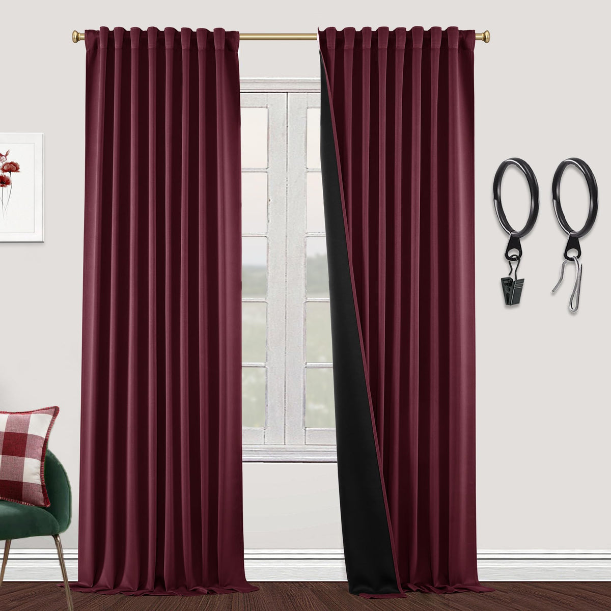 Shineland Burgundy Curtains For Living Room,Christmas 2 Panels 84 Inches Long Maroon Dark Red Blackout Curtains For Dining Room,