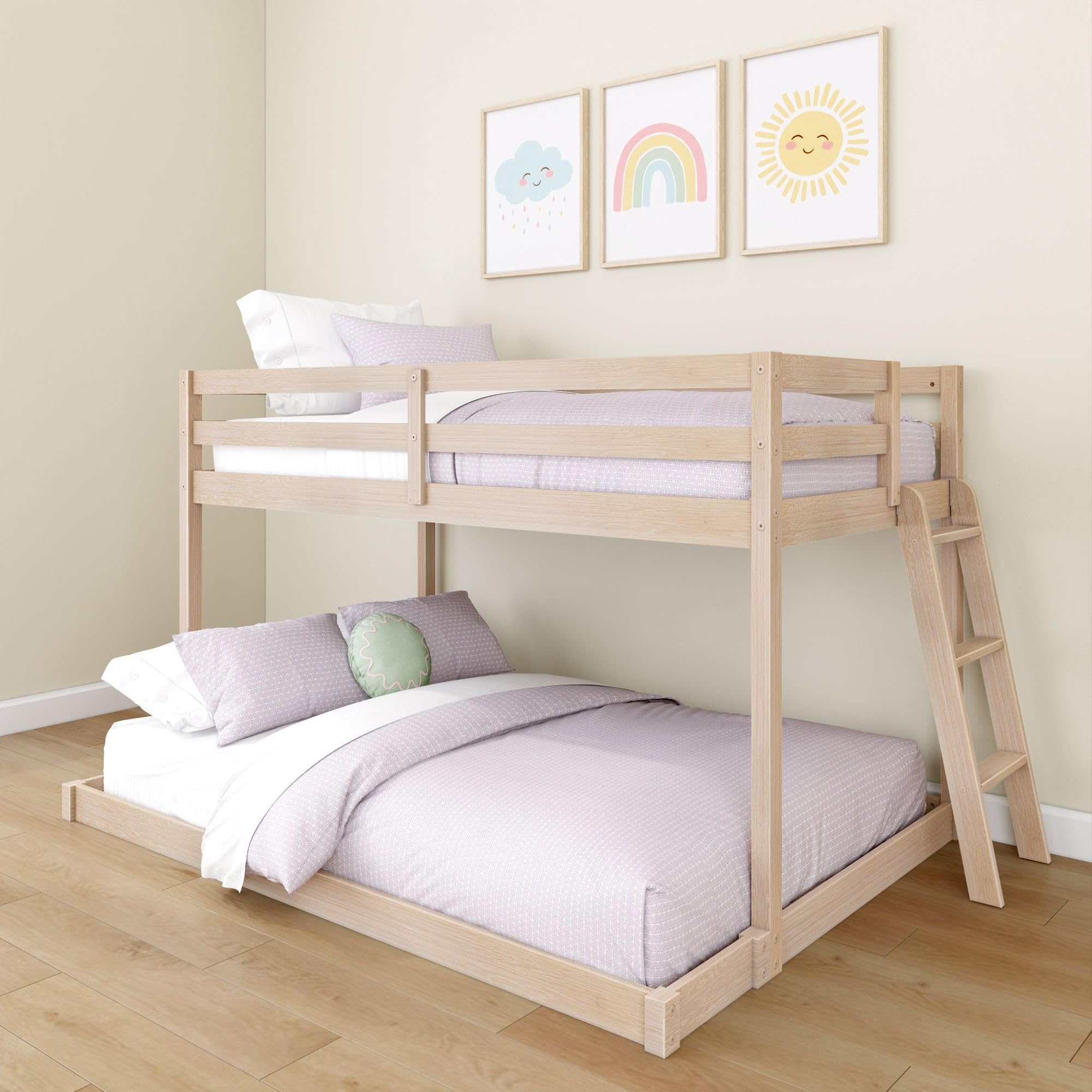Grain & Grove Bear Twin Over Full Bunk Bed, Low Bunk Bed Frame for Kids, Bunk with Ladder, Guardrail and Slats, No Box Spring Re