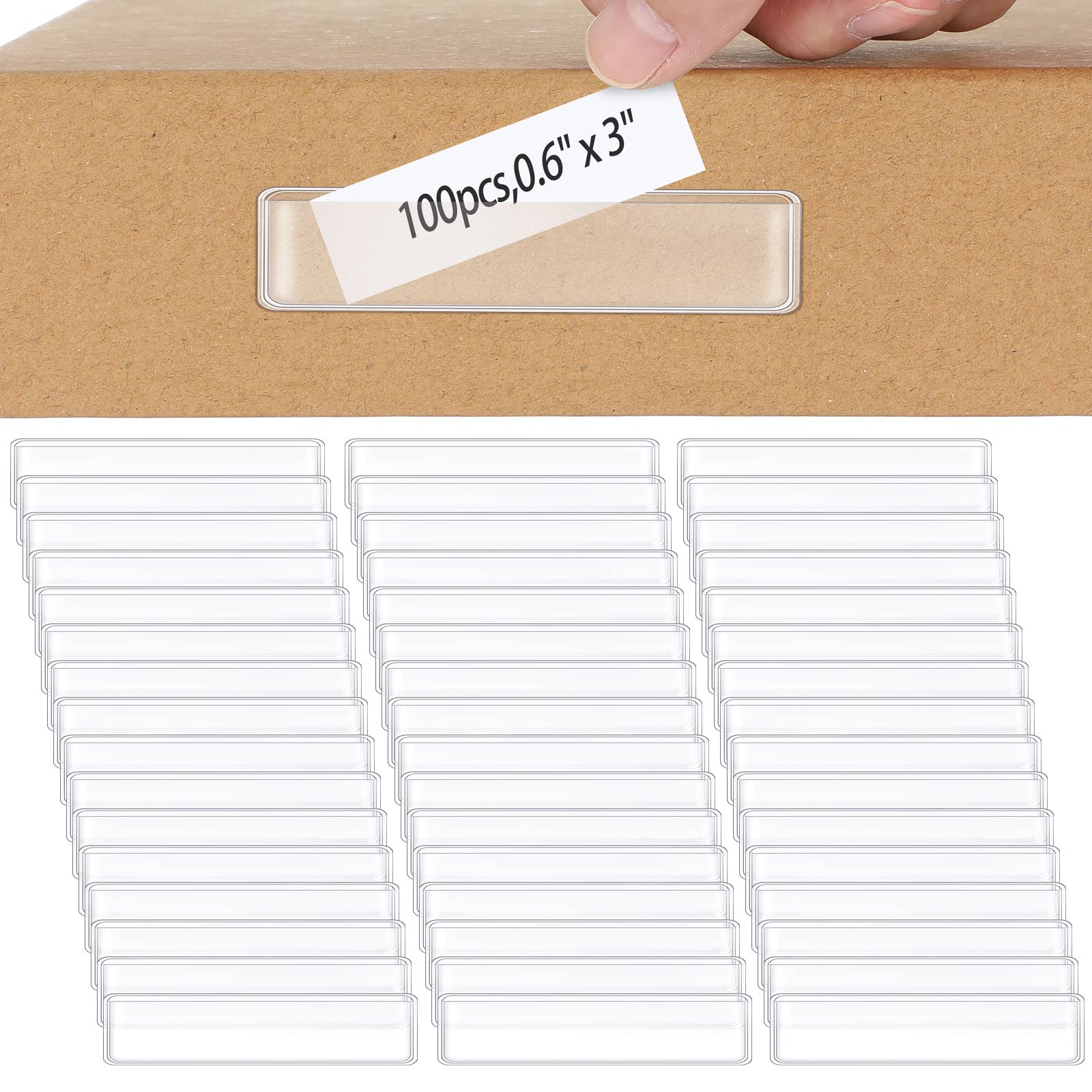 Jeyiour 100 Pcs Label Holders Adhesive Label Pockets Mailbox Label Shelf Label Plastic Peel Stick Tag Clear Long Side Open Price