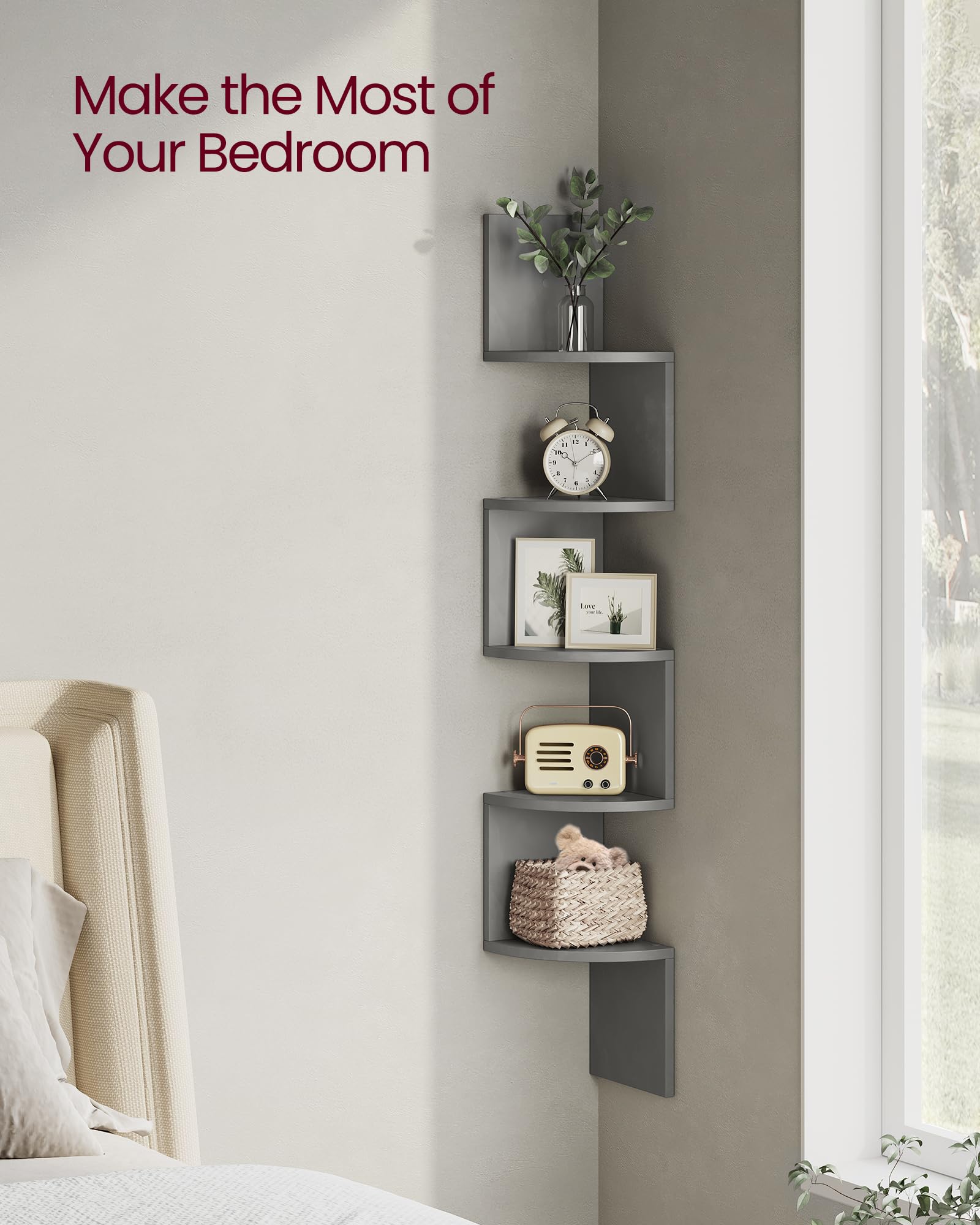 Vasagle Corner Shelf Wall Mount, 5-Tier Floating Corner Bookshelf, Plant Shelf For Bedroom, Living Room, Bathroom, Home Office, Dove Gray