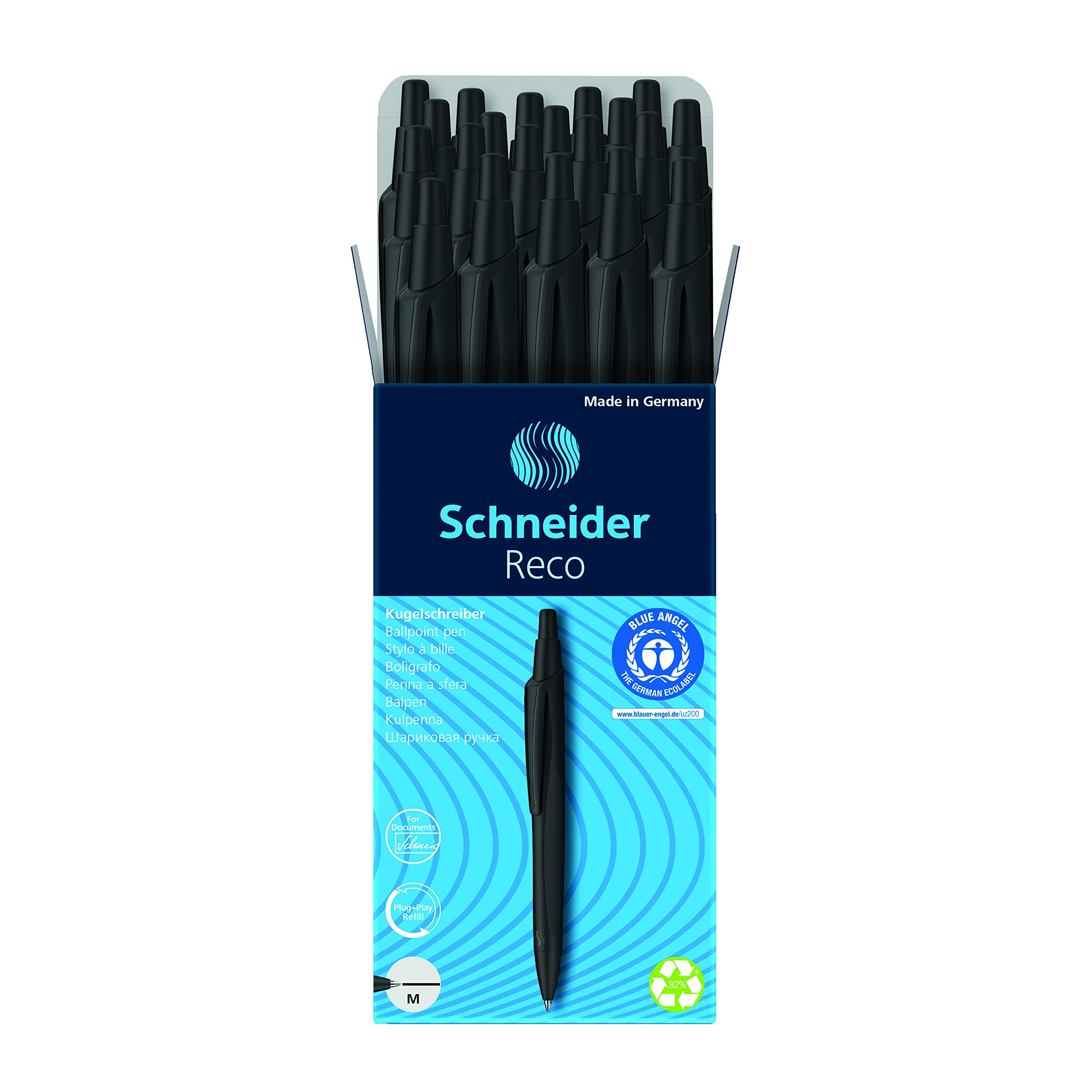 Schneider Reco Ballpoint Pen, M (Medium), Refillable And Retractable, Black Barrel, Box Of 20 Pens, Black Ink (131811)
