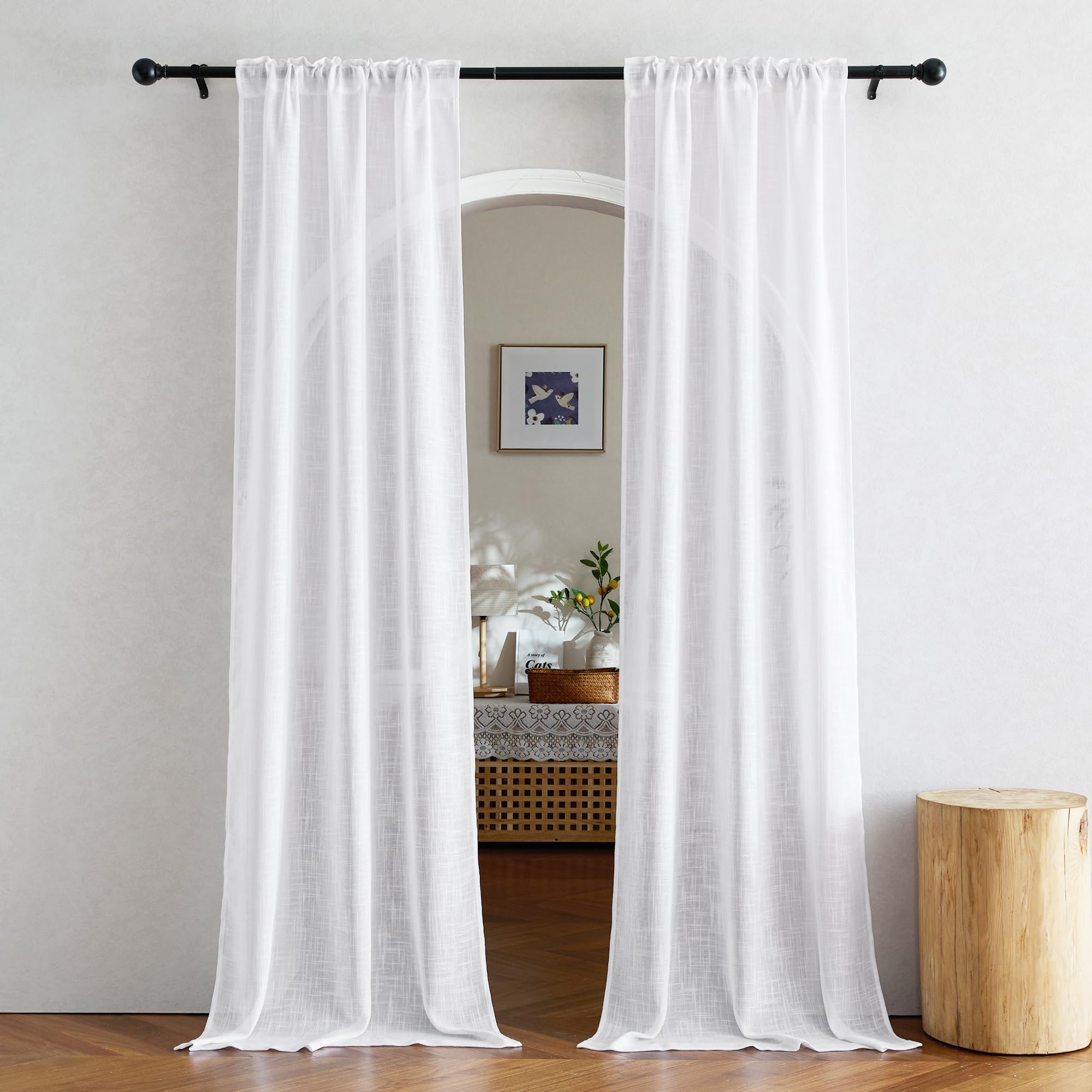 NICETOWN White 80 Semi-Sheer Faux Linen Doorway Curtains, Rod Pocket & Back Tab, 34W x 80L, 2 Panels for Bedroom/Living Room