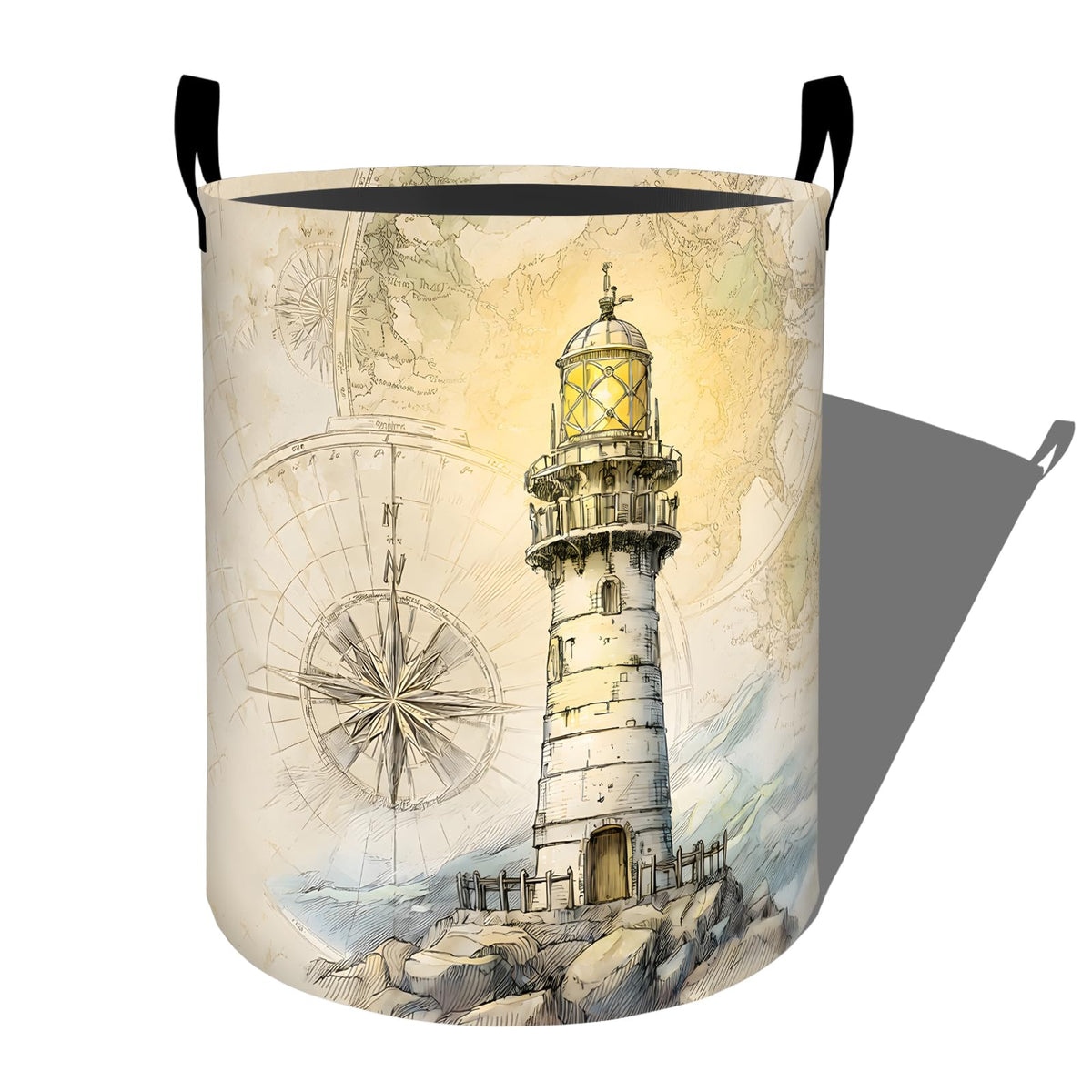 Ti Caldi Lighthouse Laundry Basket, Coastal Ocean Compass Map Storage Hamper, Round Collapsible Waterproof Cloth Bin, 19.7x15.7 