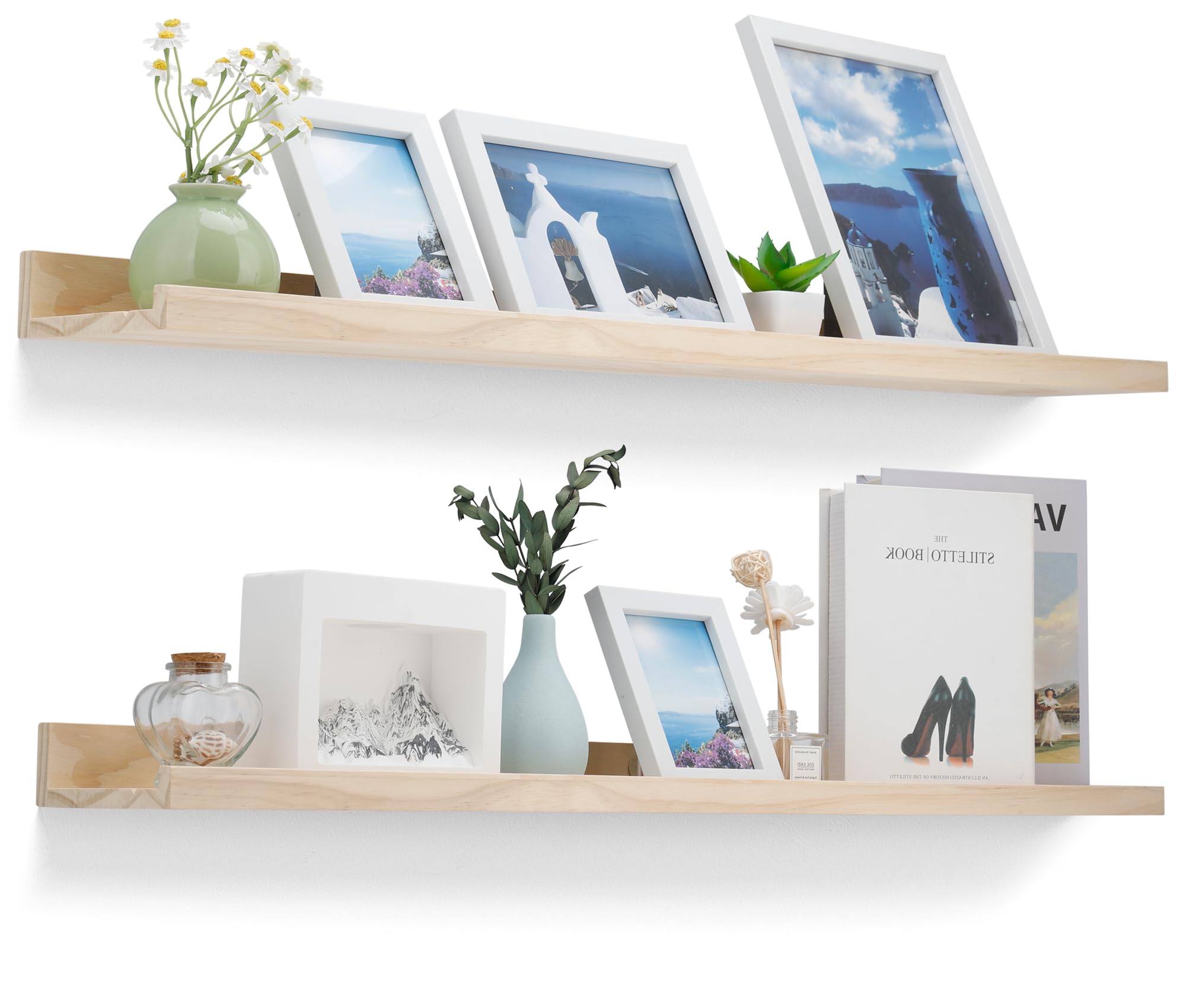 Natural Wood Floating Shelves for Wall, Bedroom Floating Shelves with Lip Hanging Floating Wood Shelves Picture Ledge Shelf Moun