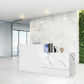 LayBurst Reception Desk,Modern Checkout Counter with Lockable Drawer,Keyboard Tray and Shelves,White Receptionist Desk for Corpo