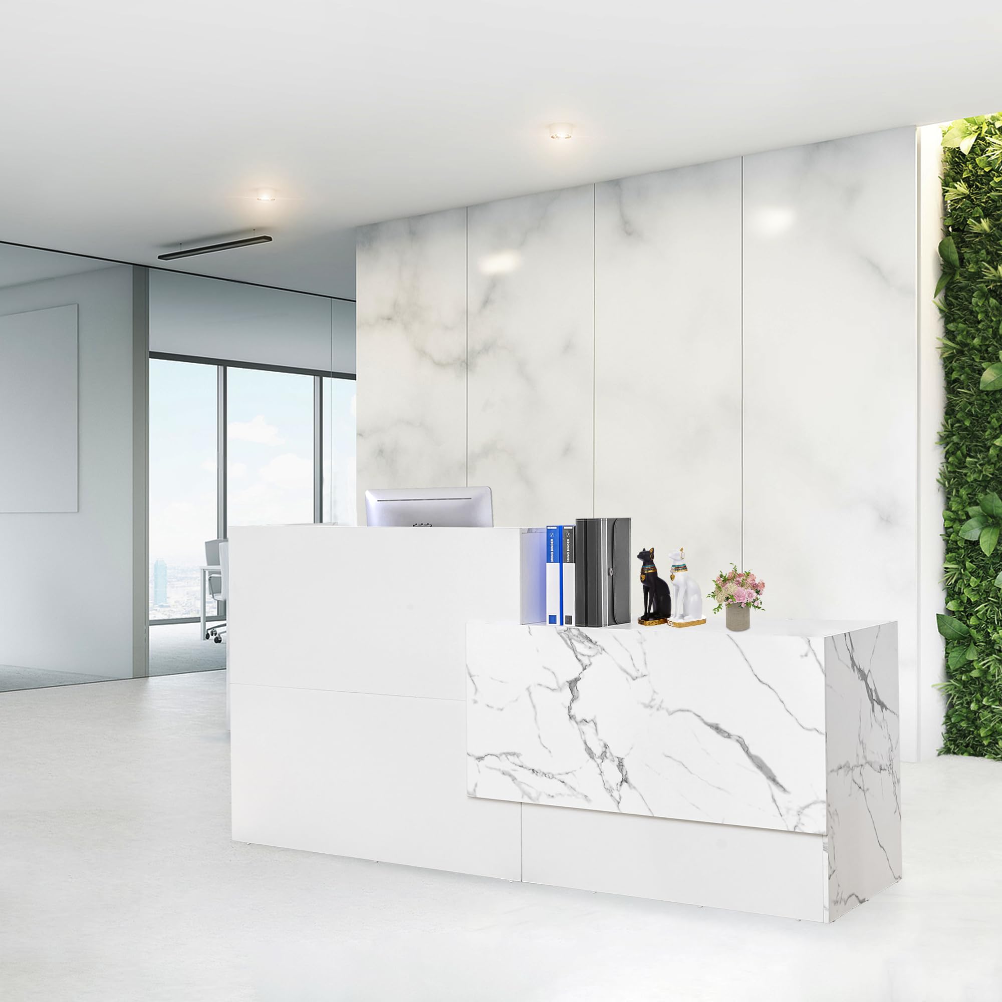 LayBurst Reception Desk,Modern Checkout Counter with Lockable Drawer,Keyboard Tray and Shelves,White Receptionist Desk for Corpo