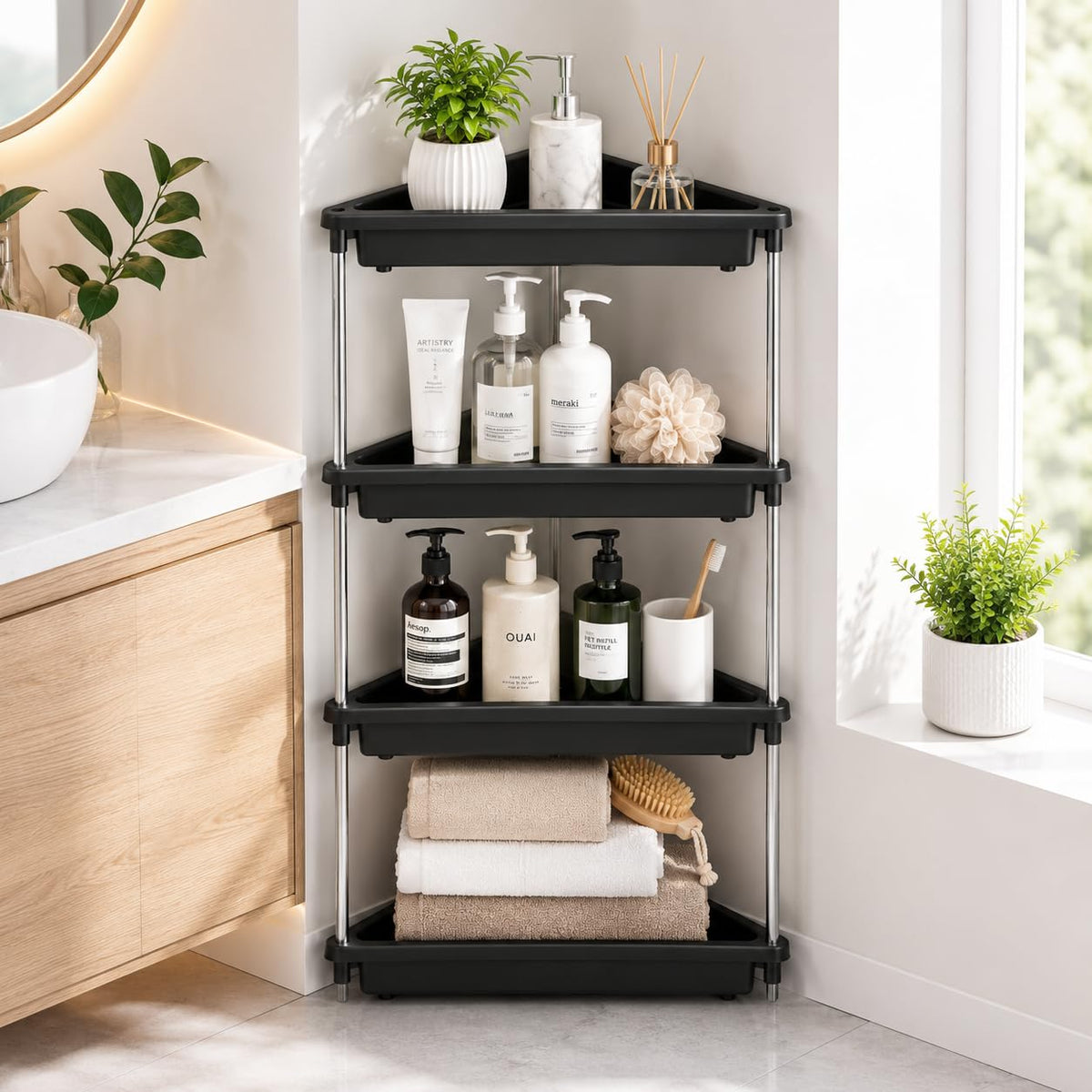 KAVIRA Corner Shelf for Bathroom| Triangle Rack for Storage|Plastic Shelf for Bathroom, Kitchen (Black, 4L)