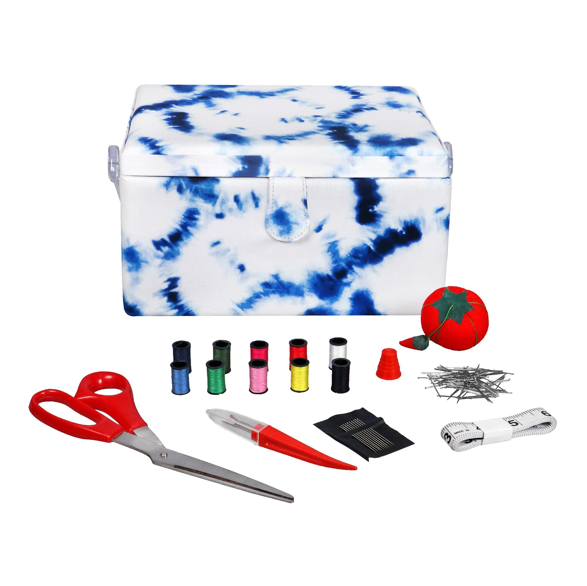 Singer Large Sewing Basket With Notions | Sewing Kit & Storage With Scissors, Tape Measure, Thread, & More (Blue Tie Dye)