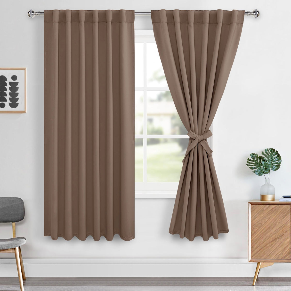 Hiasan Back Tab Blackout Curtains 2 Panels, Rod Pocket Mocha Curtains for Bedroom, Room Darkening Curtains for Living Room, Ther