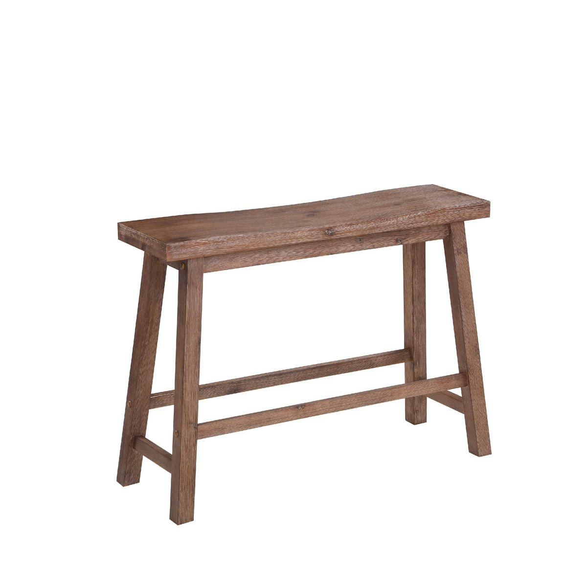 33 Inch Saddle Seat Bench With Angled Frame, Sandblasted Antique Brown Acacia Wood