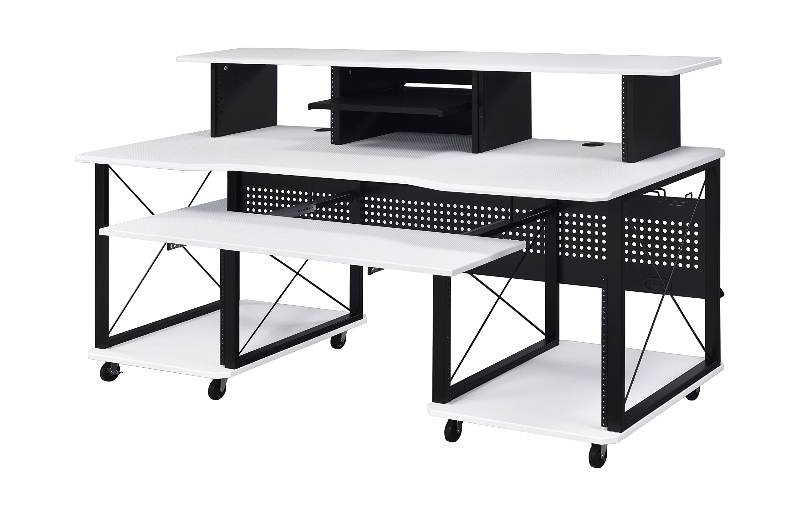 Acme Furniture Megara 72&quot; x 30&quot; Rectangular Metal Storage Music Desk, Included Wheels, Multiple Functional & Storage Spaces, in White and Black Finish