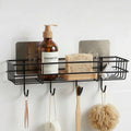 Wall Mounted Bathroom Shelf Rack with Hooks | Powder Coated Black Metal Storage Organizer | Self Adhesive No Drill Shower Caddy