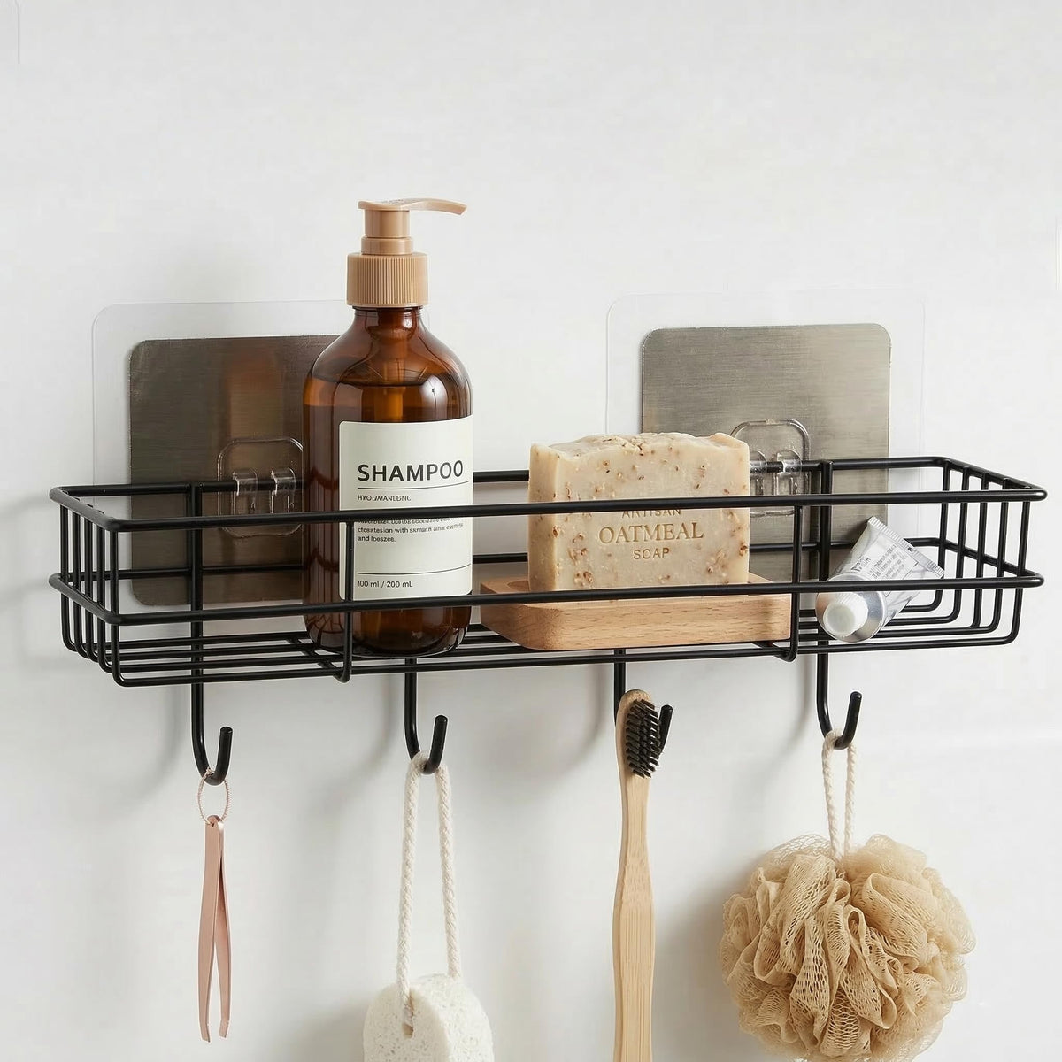 Wall Mounted Bathroom Shelf Rack with Hooks | Powder Coated Black Metal Storage Organizer | Self Adhesive No Drill Shower Caddy