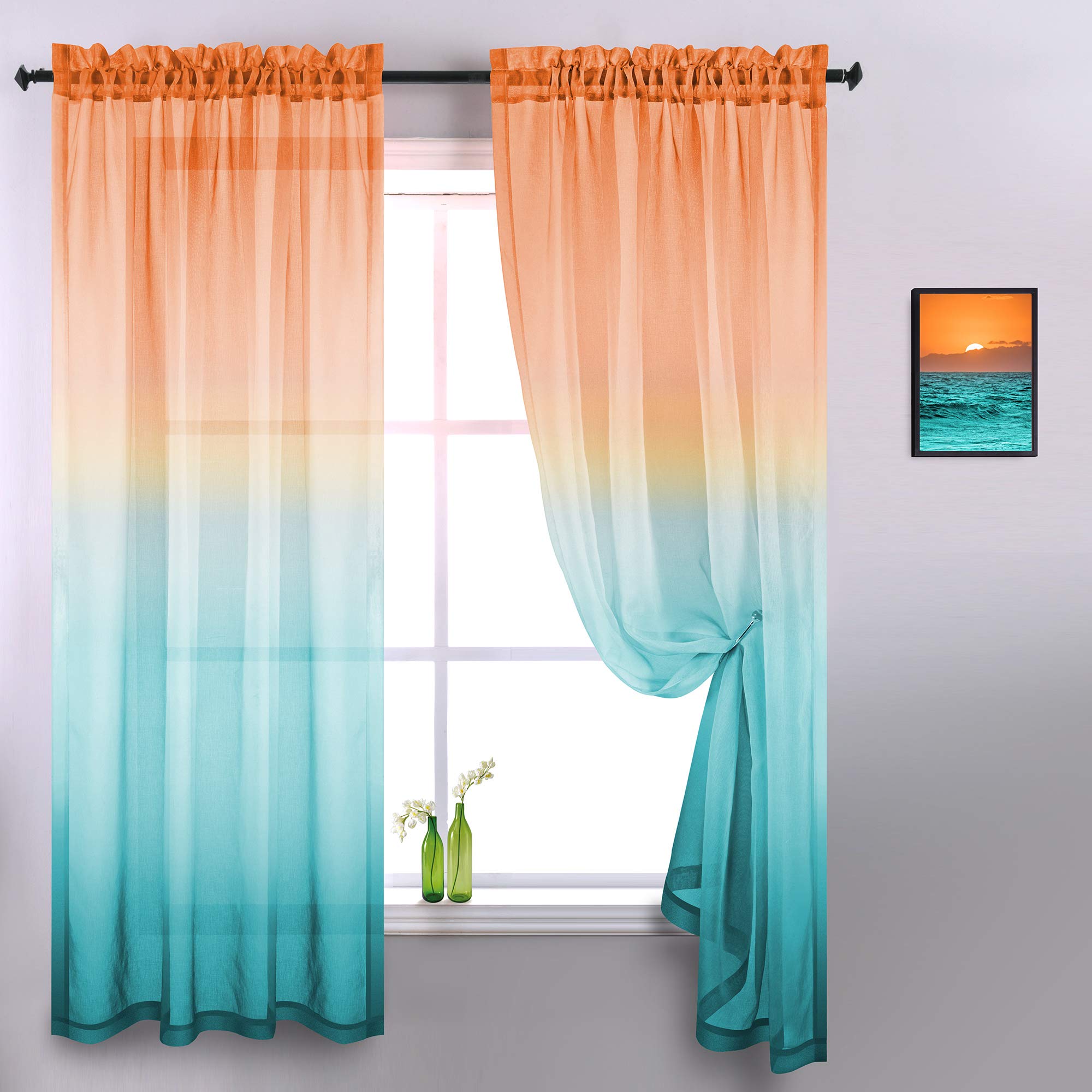 Koufall Orange And Turquoise Curtains For Living Room 84 Inches Long Sheer Ombre 70S Retro Curtains For Bedroom 2 Panels,Mint Gr